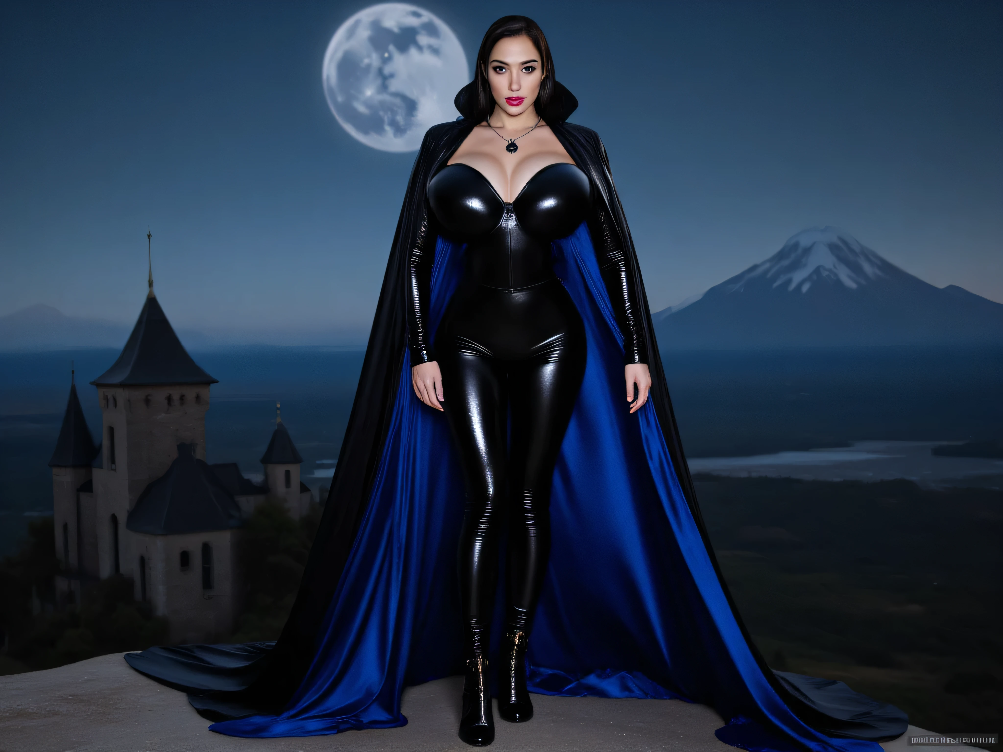 bright flash,overexposed,raw photography,Full length view create a very tall slender buxom Vampire woman wearing a dramatic, shiny latex ensemble.  The centerpiece is a latex Catsuit enhancing her very Large Breasts, Shiny Pants leading into black thigh high Boots.


Over the Catsuit is a long, flowing shiny Glossy Black Leather cape or cloak with a shiny Royal Blue satin lining.  The cape has a simple, elegant design with a very high wide collar that fastens at the neck with a small, dark metal clasp with a Bat medallion around her neck. The fabric of the cape appears to be a heavy, possibly patent leather-like material, creating a sleek and luxurious look.  The overall effect is one of dark glamour and gothic sophistication. The Vampire beauty's short slick black hair, glowing green eyes and dark gothic lips accentuates the costume’s boldness. Standing on a mountaintop ledge with her Gothic Castle in the background on a dark windy night with a full moon and bats flying around as the very long sweeping cape billows far out on the side. 