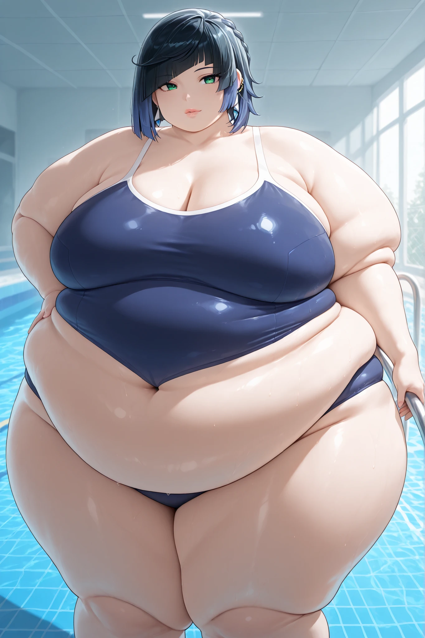 hyper fat,hyper obese,obese,fat,plump,WeightImmobile,score_9, score_8_up, score_7_up, score_6_up, BREAK source_anime, look at viewer, rating_safe, 1girl, solo, masterpiece, best quality, high detailed skin, yelan \(genshin impact\), competition school swimsuit, pool, chubby, chubby girl, curvy, , lips, plump, thick thighs, thighs, (((oversized gigantic stomach)), curvy, , lips, plump, thick thighs, thigh, immobile, standing
