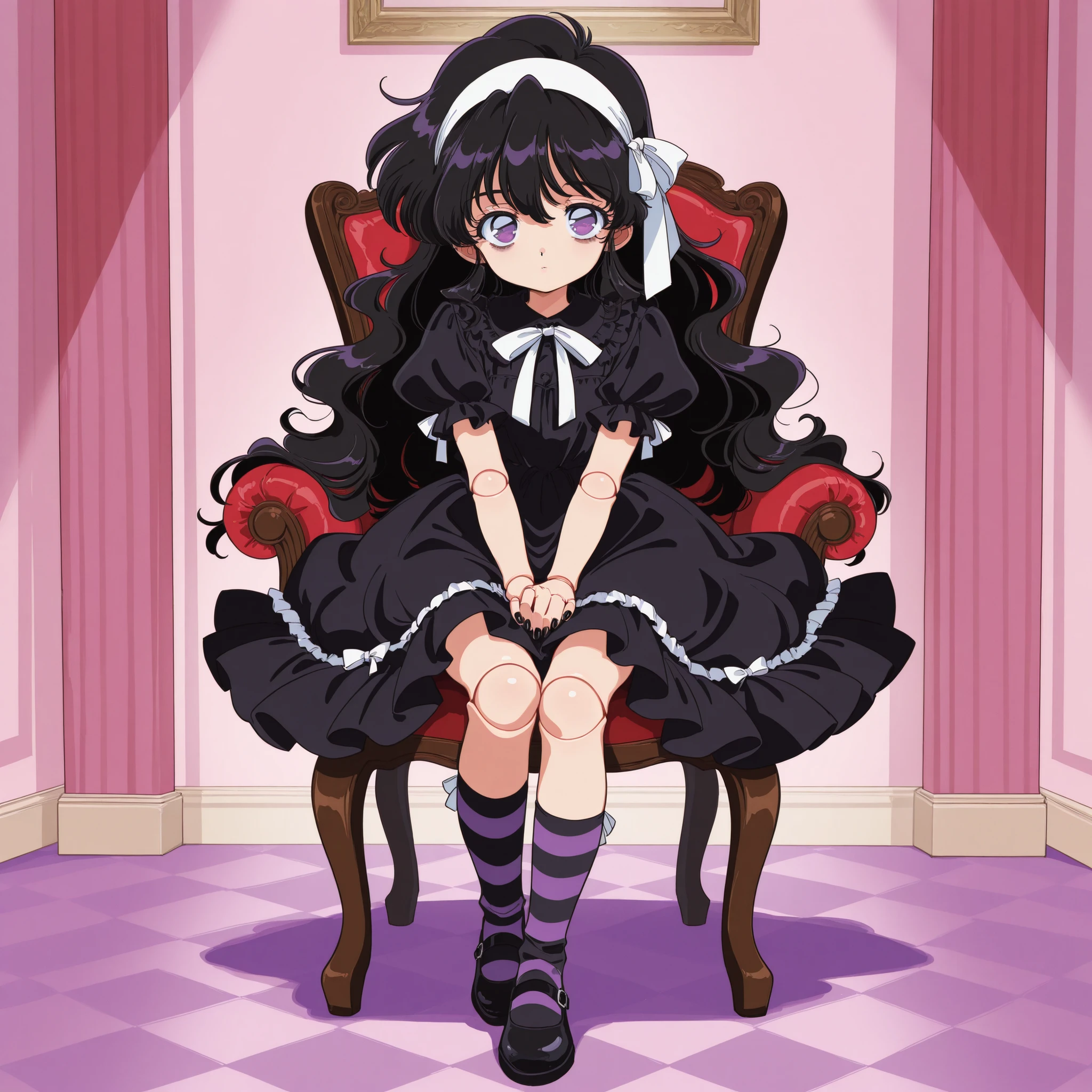 masterpiece, ultra-HD, impressionism, high detail, best quality, very aesthetic, 8K, best quality, beautiful, ultra-high resolution, 32K UHD, sharp focus, hrn_yc Style, bokeh, retro artstyle, 1990, 1girl, solo, loli, very long wavy black hair, purple eyes, empty eyes, no pupils, almond-shaped eyes, eyelashes, bags under eyes, pink lips, petite, black nails, doll joints, black ruffle dress, short sleeves, puff sleeves, ruffles, gothic lolita dress, black high socks, purple stripes, multicolored socks, headband, white ribbons, black shoes, expressionless, hands on lap, cute, sitting on a chair, full body, looking at the viewer, room background, front view