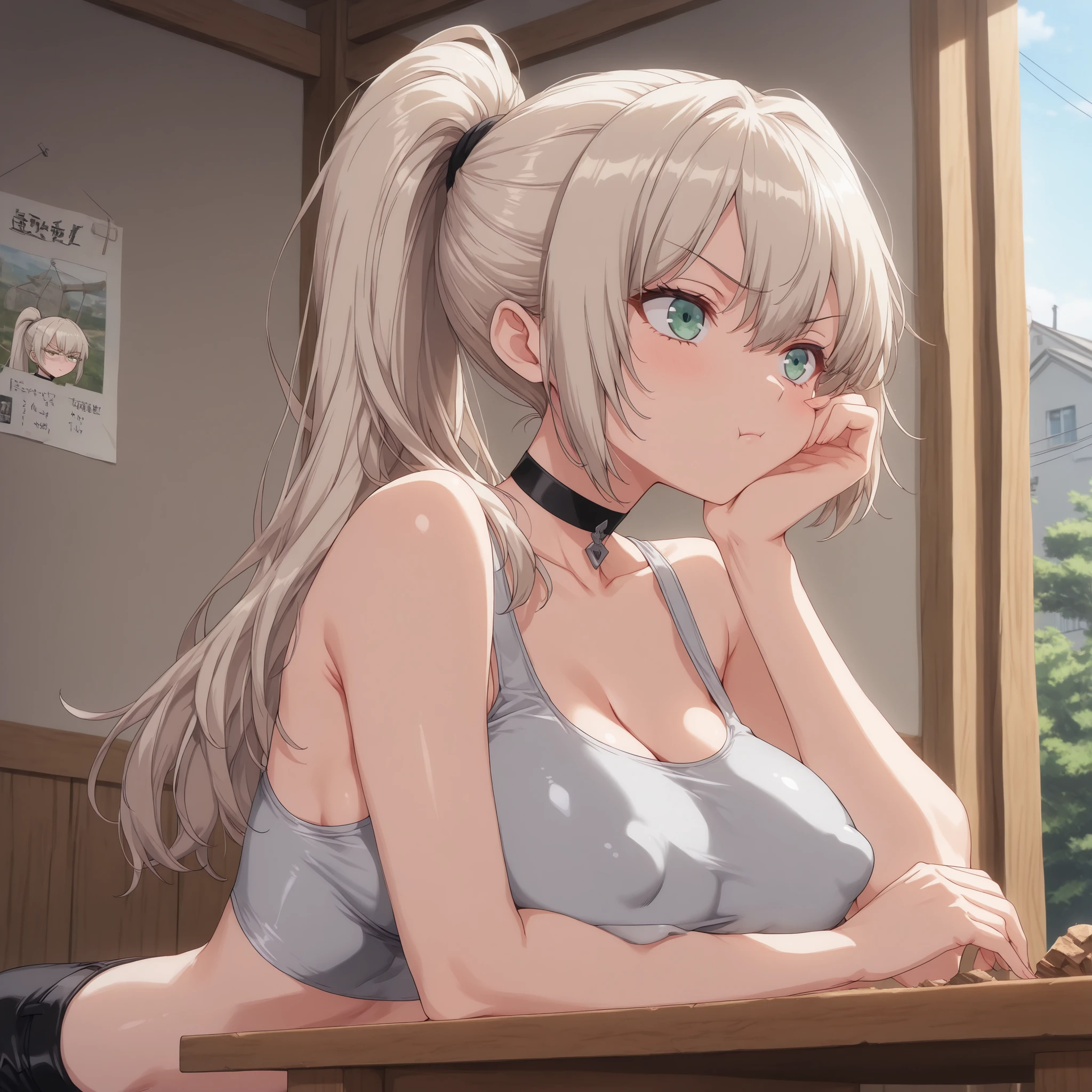 (score_9, score_8_up, score_7_up, cowboy_shot, masterpiece, portrait, high_detail, FRONT_FOCUS, FRONT_VIEW, 1girl, solo, solo_focus, BREAK) , standing_directly_behind_wooden_booth, (platinum_blonde_hair, high_ponytail, green_eyes, annoyed_expression, broad_shoulders, (petite_figure: 1.2), short, (large_breasts: 1.2), (silver_crop_top: 1.2), erect_nipples, choker, tight_clothes, pouting_expression, standing, (resting_head_on_hand), standing_behind_Crude_plywood_stand, leaning_on_crude_plywood_table_top_stand, daytime, BREAK) Location: outside, modern 21st century, (Residential American_suburban_streets:1.2), modern_houses_in_distant_background, crude_wooden_stand, sunny_lighting, soft_shadows, clear_sky
