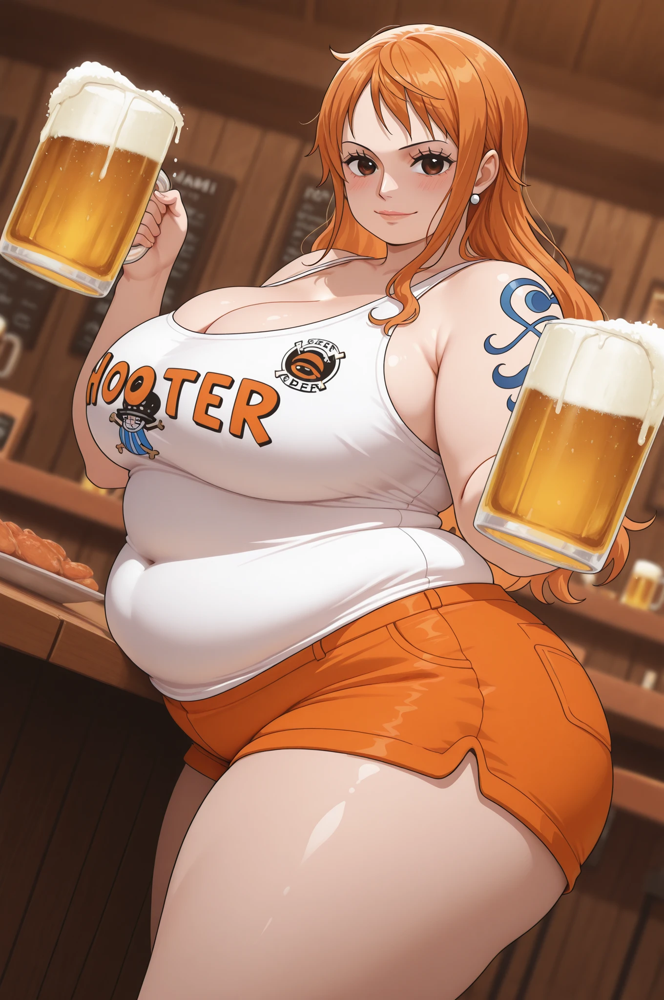 obese,fat,plump,chubby,WeightObese,highres, hi res, best quality, masterpiece,, anime coloring,
1girl, (nami \(one piece\):1.1), large breasts, thick thighs, narrow waist, HootersUniform, employee uniform, short shorts, orange shorts, tank top, white shirt, cleavage,
light smile, dutch angle, naughty pose, looking at viewer, restaurant, solo, holding beer mug, drinking beer, beer dripping, portrait, dynamic pose, cowboy shot, head tilt,, from side,