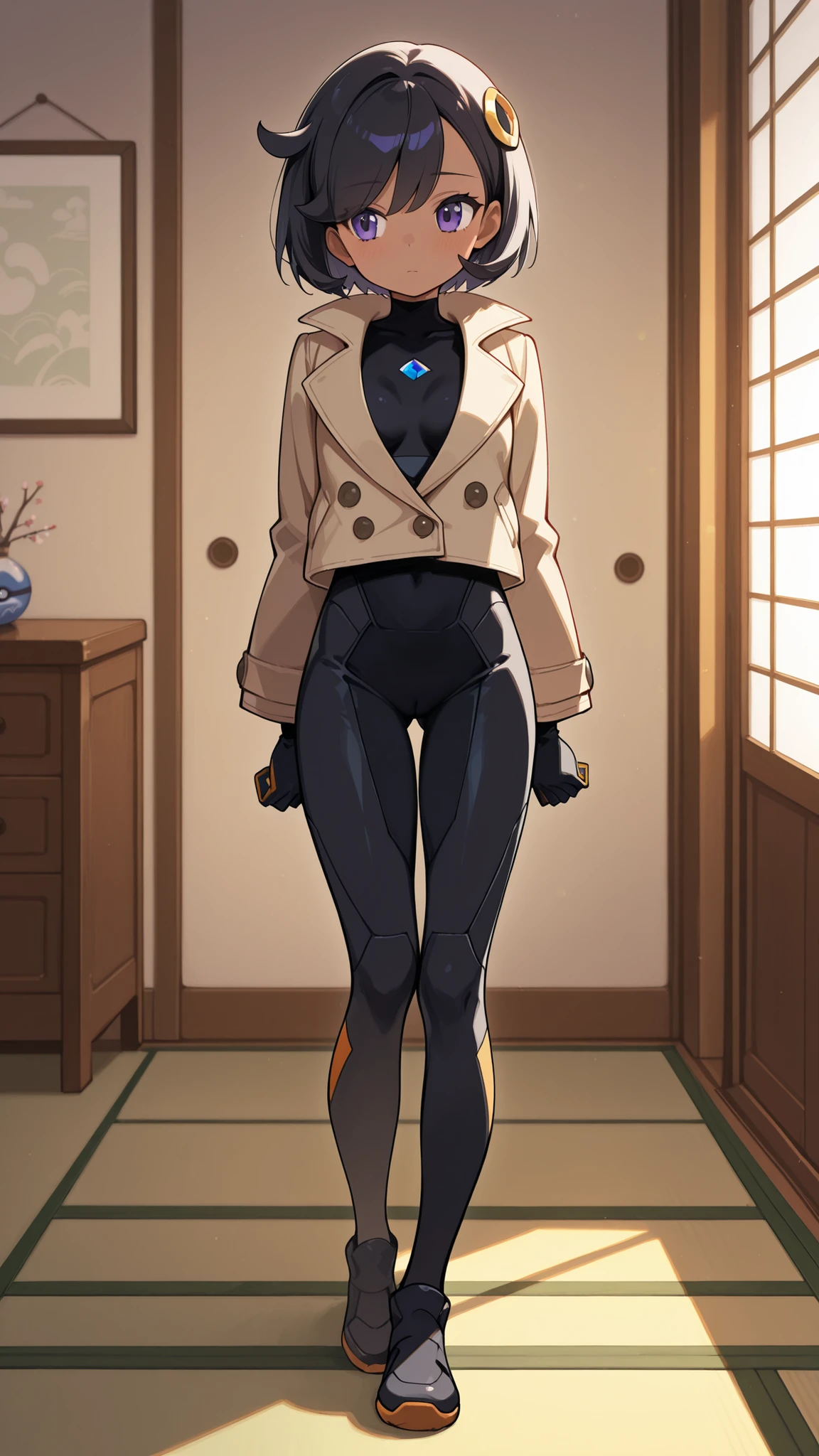 score 9, score 8 up, score 7 up, ultra-detailed, (best quality, masterpiece, ultra detailed, ultra high res, absurdres, high-resolution, highest quality, very aesthetic), source anime, (detailed face), depth of field, petite, emmapokeza, (dark-skinned female), black hair, purple eyes, hair ornament, (black bodysuit), black shoes, open brown jacket, pokeball, in a warm anime-style Japanese bedroom (tatami, shoji), soft blush, warm lighting, emotionally soft, ponyscores, medium full breasts, skinny, full body, innocent, shy, warm lighting, ((thigh gap)), (cameltoe), standing facing viewer, cameltoe_body, cameltoe_hips, cameltoe_pussy,