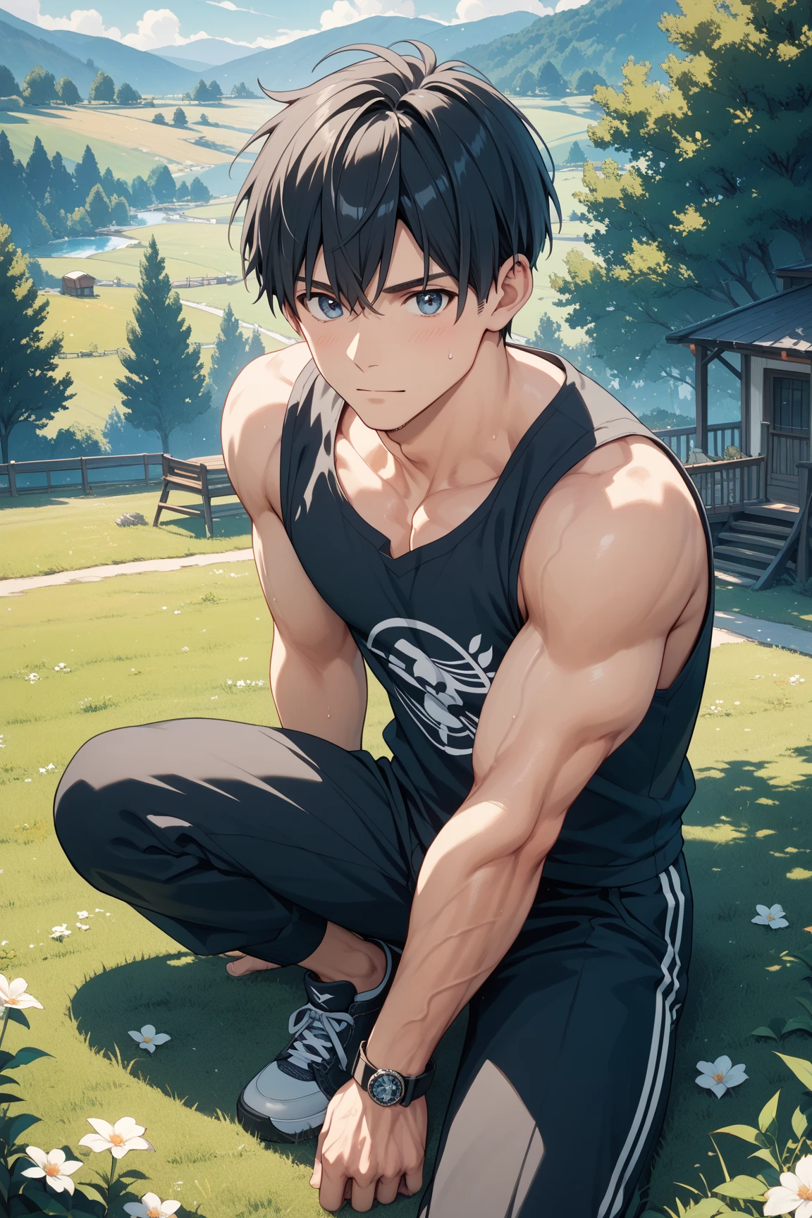, super muscular, sweat-drenched body, 22-year old short black hair handsome caucasian male goalkeeper  wearing sweat-drenched white soccer shorts and shoes, playing soccer on the field
