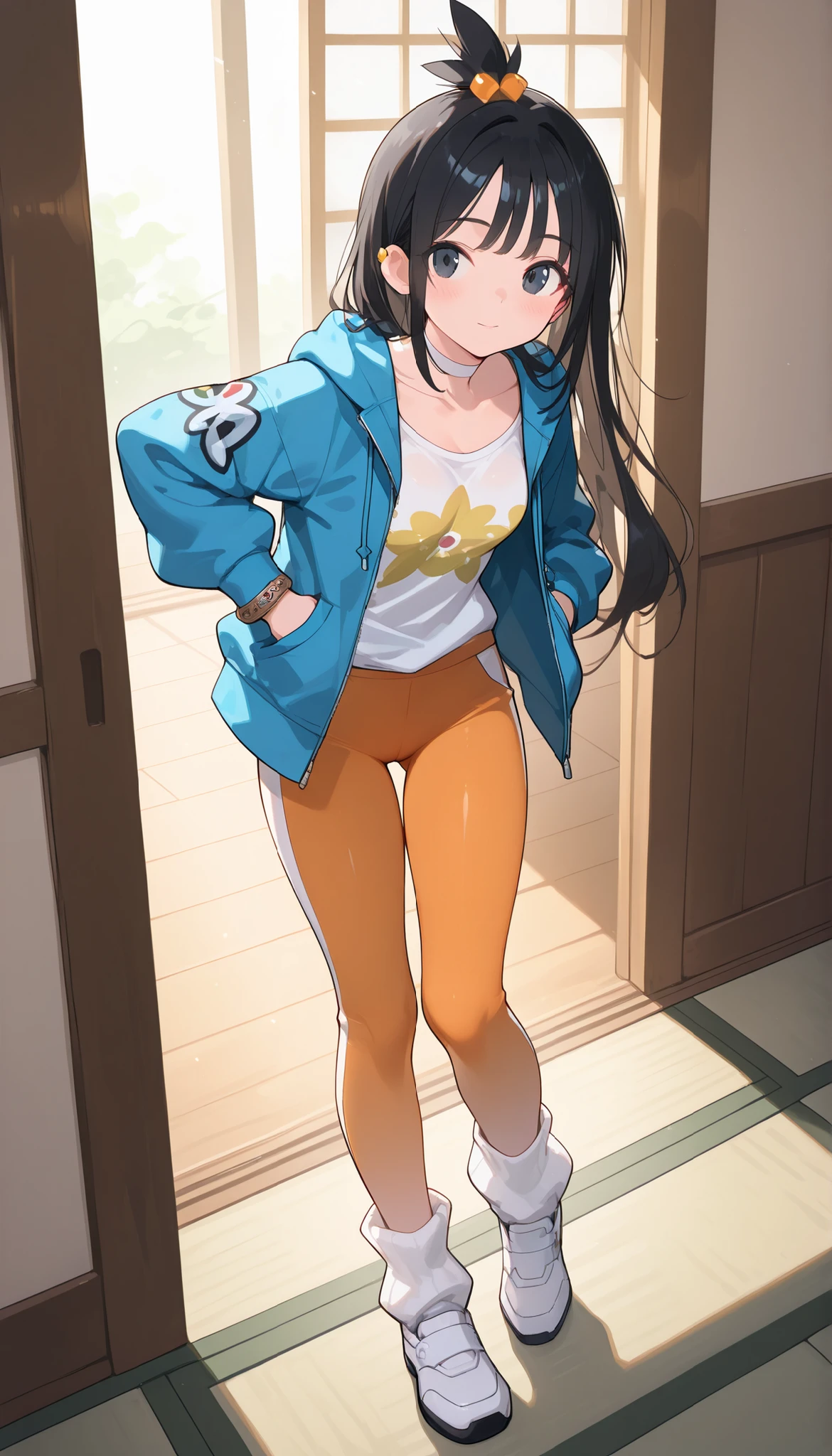 score 9, score 8 up, score 7 up, ultra-detailed, (best quality, masterpiece, ultra detailed, ultra high res, absurdres, high-resolution, highest quality, very aesthetic), source anime, (detailed face), depth of field, petite, ((thigh gap)), zalida, lida \(pokemon\), aged up, black hair, black eyes, long hair, bangs, sidelocks, topknot, hair bobbles, ear piercing, open jacket, blue jacket, hooded jacket, hood down, zipper pull tab, long sleeves, single bracelet, jewelrly, collarbone, white shirt, print shirt, white choker, tight yoga pants, two-tone pants, orange pants, white pants, white socks, ribbed socks, loose socks, platform shoes, white footwear, colored shoe soles, in a warm anime-style Japanese bedroom (tatami, shoji), soft blush, warm lighting, emotionally soft, ponyscores, small full breasts, skinny, full body, warm lighting, cameltoe, standing facing viewer, cameltoe_body, cameltoe_hips, cameltoe_pussy