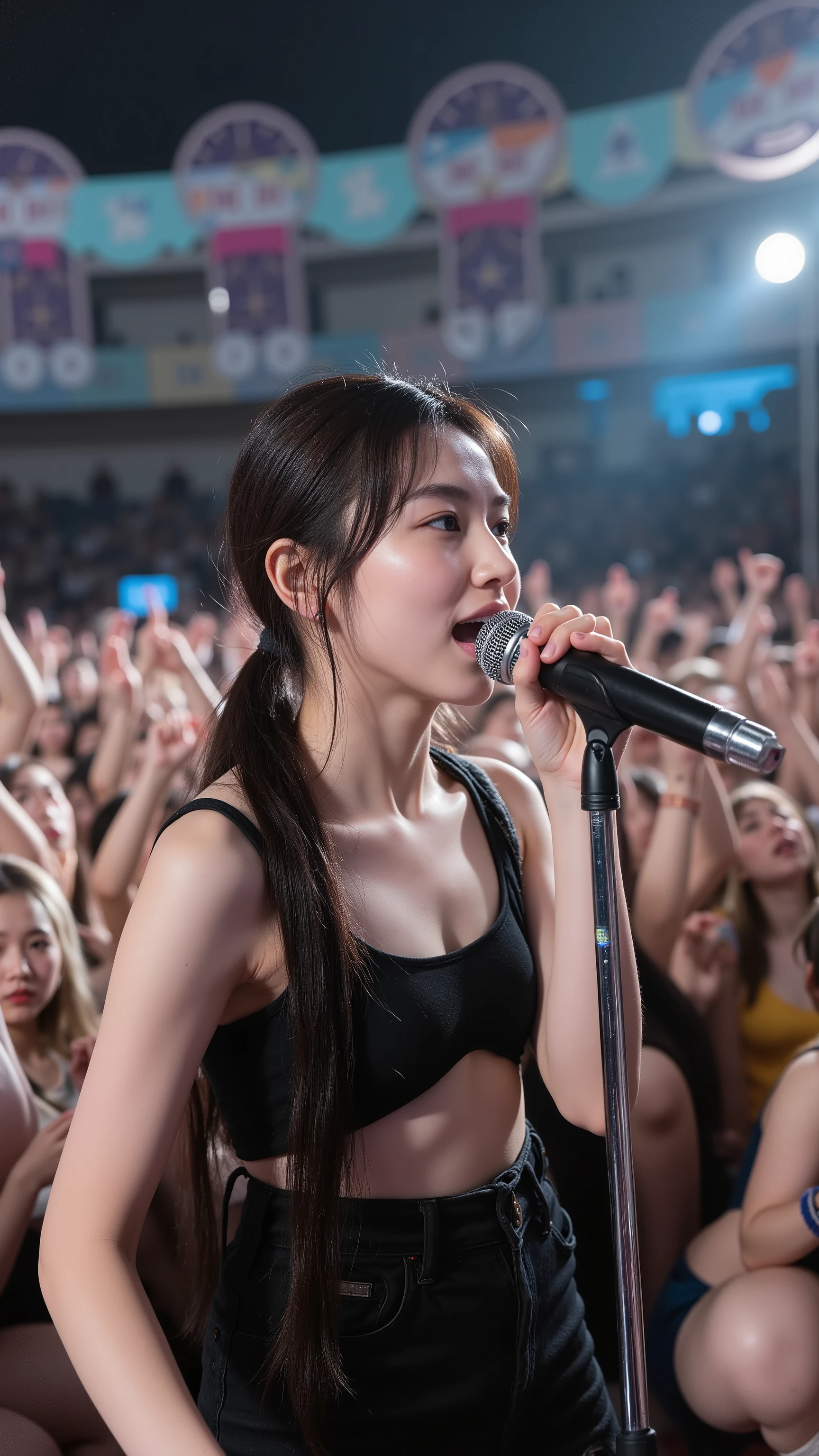 Masterpiece, Top quality, Ultra detailed, Photorealistic, Cinematic lighting, (A dynamic low-angle shot taken from the audience's front row:1.4).
A beautiful 17-year-old Japanese high school student with a brown ponytail hairstyle, very big , hair blown by active movements. sparkling sweat on her face and neck.
She's the lead vocalist of a female rock band, She's shouting lyrics with her radiant singing ability, happy smile , holding a microphone with both hands and leaning towards the crowd.
She's wearing a black tank top that fits her body, ripped skinny jeans, And combat boots.
The stage is at the high school gym, Decorated with handmade banners and colorful balloons made for the school festival.
in the background There's a crying crowd; Their hands are raised in the air, waving a glow stick and smartphone.
dramatic, The colorful stage lights and spotlights on the top create an intense lens flare., emphasizes the energy of the live performance by creating long shadows.