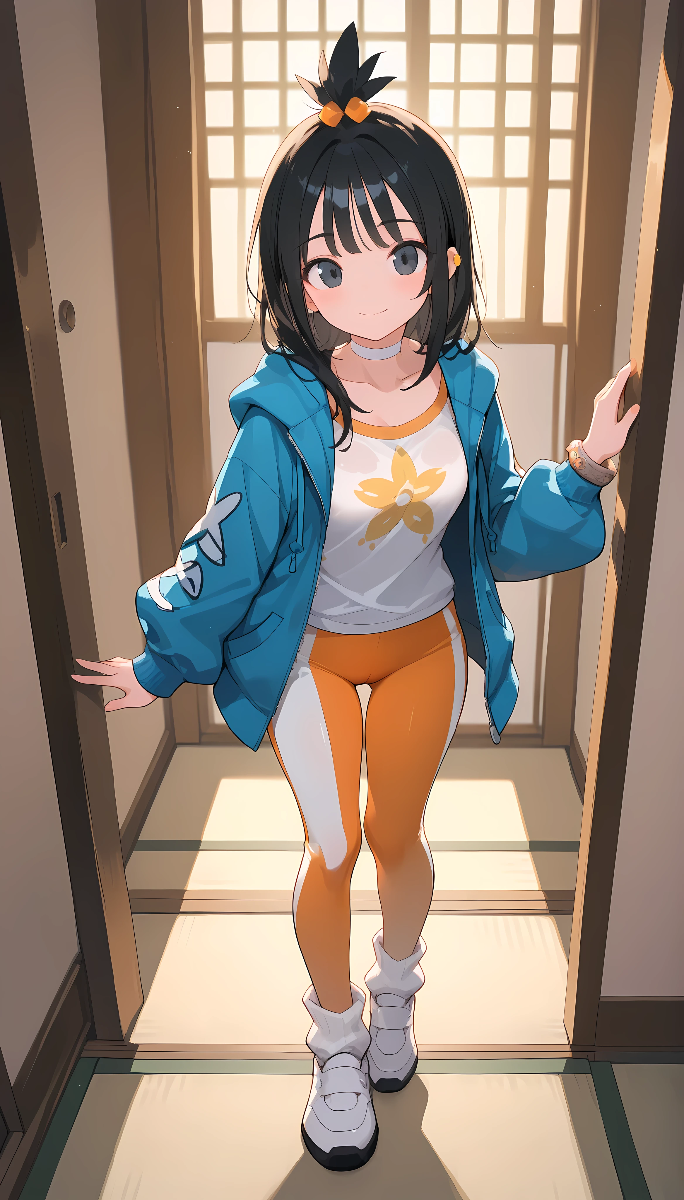 score 9, score 8 up, score 7 up, ultra-detailed, (best quality, masterpiece, ultra detailed, ultra high res, absurdres, high-resolution, highest quality, very aesthetic), source anime, (detailed face), depth of field, petite, ((thigh gap)), zalida, lida \(pokemon\), aged up, black hair, black eyes, long hair, bangs, sidelocks, topknot, hair bobbles, ear piercing, open jacket, blue jacket, hooded jacket, hood down, zipper pull tab, long sleeves, single bracelet, jewelrly, collarbone, white shirt, print shirt, white choker, tight yoga pants, two-tone pants, orange pants, white pants, white socks, ribbed socks, loose socks, platform shoes, white footwear, colored shoe soles, in a warm anime-style Japanese bedroom (tatami, shoji), soft blush, warm lighting, emotionally soft, ponyscores, small full breasts, skinny, full body, warm lighting, cameltoe, standing facing viewer, cameltoe_body, cameltoe_hips, cameltoe_pussy