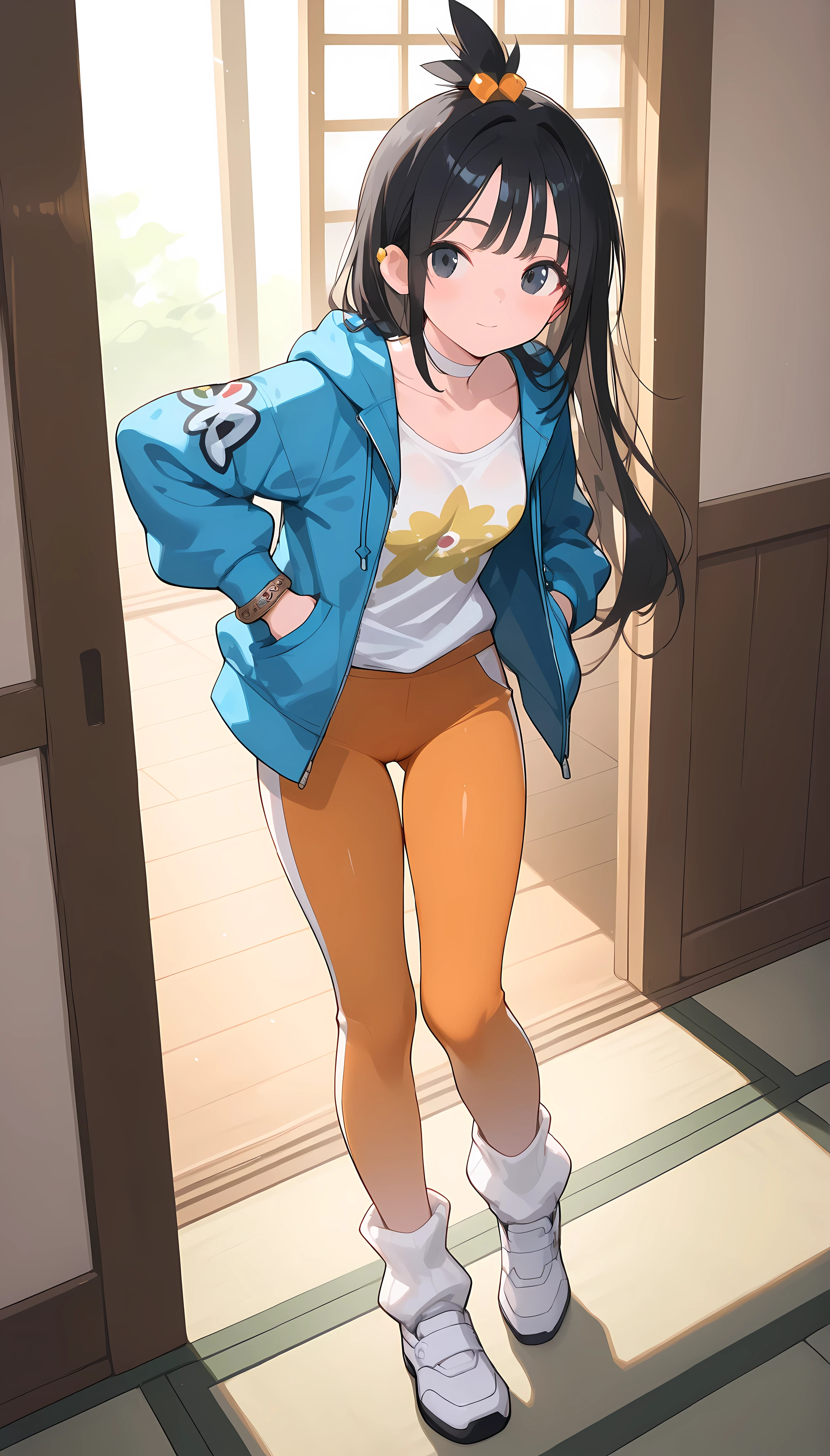 score 9, score 8 up, score 7 up, ultra-detailed, (best quality, masterpiece, ultra detailed, ultra high res, absurdres, high-resolution, highest quality, very aesthetic), source anime, (detailed face), depth of field, petite, ((thigh gap)), zalida, lida \(pokemon\), aged up, black hair, black eyes, long hair, bangs, sidelocks, topknot, hair bobbles, ear piercing, open jacket, blue jacket, hooded jacket, hood down, zipper pull tab, long sleeves, single bracelet, jewelrly, collarbone, white shirt, print shirt, white choker, tight yoga pants, two-tone pants, orange pants, white pants, white socks, ribbed socks, loose socks, platform shoes, white footwear, colored shoe soles, in a warm anime-style Japanese bedroom (tatami, shoji), soft blush, warm lighting, emotionally soft, ponyscores, small full breasts, skinny, full body, warm lighting, cameltoe, standing facing viewer, cameltoe_body, cameltoe_hips, cameltoe_pussy