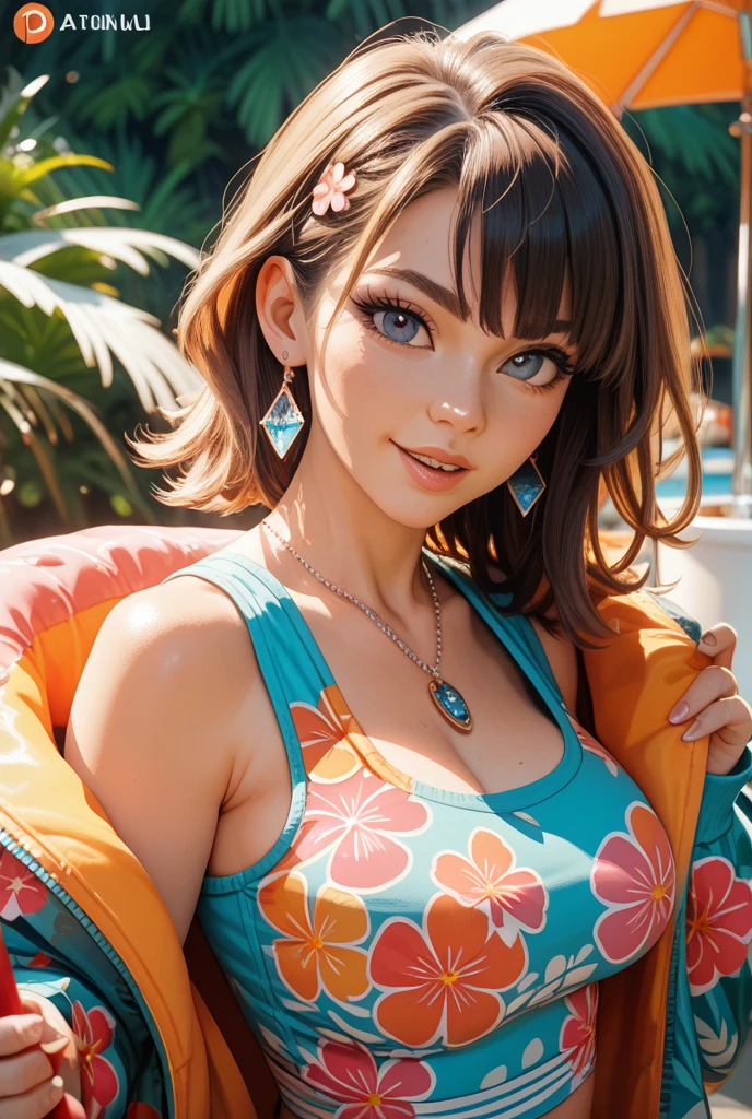 (Masterpiece, BestQuality:1.3), (ultra detailed:1.2), (hyperrealistic:1.3), (RAW photo:1.2), High detail RAW color photo, professional photograph, (Photorealistic:1.4), (realistic:1.4), professional lighting, perfect , (:1.2), (blush, detailed face), (cheerful Smile:1.5), Trending Hair&Trending Hairカラーをランダムに, earrings, necklace, bracelet, sexly, sexly, Random gravure poses, (A pink-haired beauty in a yellow top and cut-off jeans、She is smiling and posing while enjoying a meal at a food festival.。:1.3)