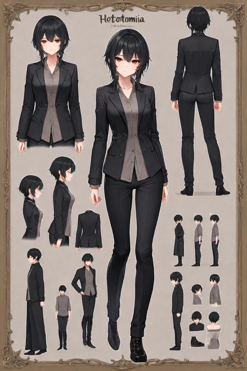 Detailed character sheet, Front view, Side view, Diagonal view, with a white returnground, show women, 30 years old, with short dark brown hair combed return, Wearing light casual clothing, Wearing tight black leggings. The seat includes different angles, Front etc., return, and Side views, Model sheets and reference sheets, Full-body painting. Proportions are based on a 7.5 head scale.