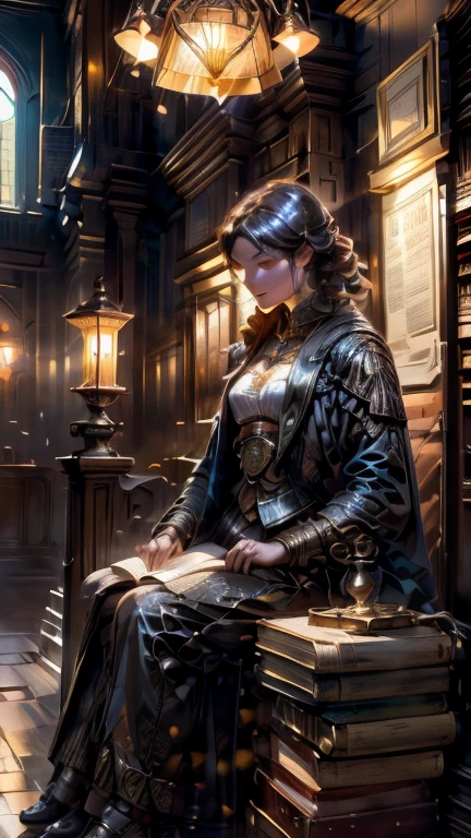 draw me a teacher of magical rituals reading an ancient book with an interested expression and sitting on a soft armchair made of fine leather with blue and light blue tones