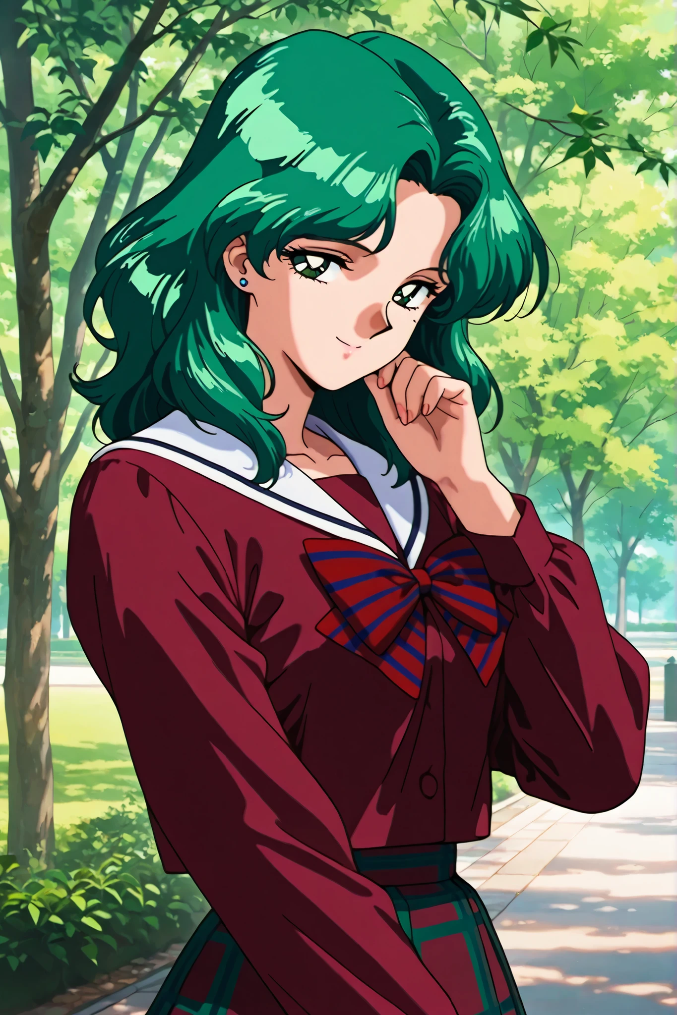 masterpiece, amazing quality, best quality, ultra-detailed, 8K, illustration, clear skin, ultra-detailed-eyes, soft skin, very awa, very as2, soft body, 1990s \(style\), official art, 1girl,solo,adult woman, michiru kaiou, dark green eyes, green hair, medium hair, small breasts, stud earrings,skirt,bow,striped bow,mugen school uniform,red shirt,long sleeves,shirt,plaid skirt,striped,plaid, smile, park