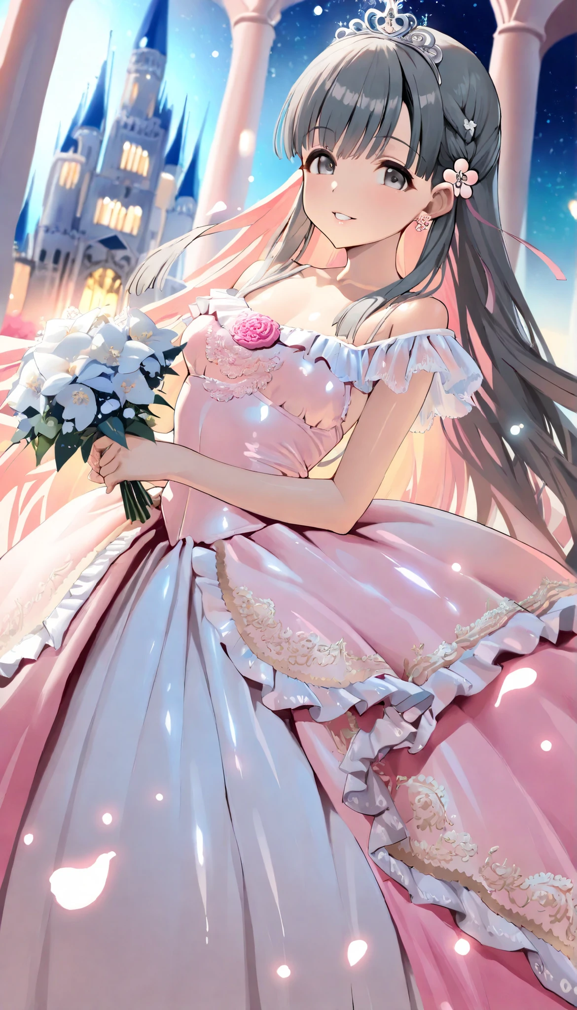 (Best Quality, super detailed, masterpiece, 8k, 16k, Wallpaper, Anatomically correct, fine detailed skin, fine detailed eyes, fine detailed hands, Accurate hands), beautiful night plain, starry sky, hight brightness, hight contrast, dazzlin light, 1 girl Standing against the backdrop of a (beautiful cinderella castle), (kobayakawa sae), (short body:1.2), (medium chest:1.5), half up braid hair, pink lips, happy smile, Parted Lip, shiny skin, solo, looking at viewer, Holding a bouquet of pink and white flowers, fantasy art, (fresh pink colored princess dress:1.5), (beautiful fluffy long dress with intricate and detailed embroidery:1.4), (lots of frills and lace clothes:1.5), shiny glossy gradient iridescent clothes, princess tiara, earrings, hair ornaments, (beautiful long eyelashes), flower petals, Colorful light particles, detailed background, Depth of Field, bokeh, moya, lens flare, film reflections, a fantastic atmosphere, neon_silhouette