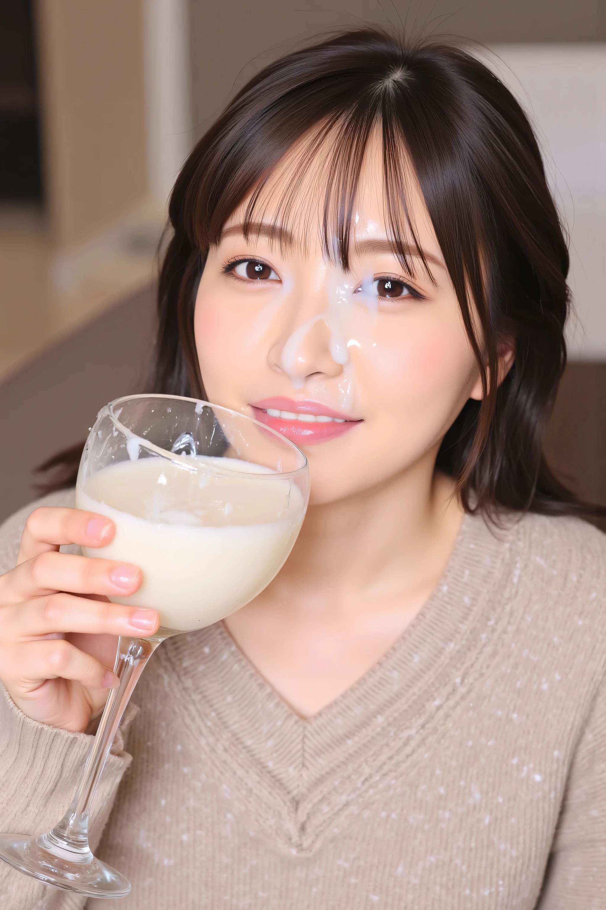 (Highest Quality、table top、8k、Highest Quality、winning work)、(lots of semen on her face:1.5)、(knitted sweater covered in semen:1.5)、(holding a wine glass filled with white mucus:1.5)、(holding a wine glass filled with milk:1.1)、(Japanese Beauty:1.2)、(beautiful faces:1.1)、(perfect beauty:1.1)、(Staring at me with a beautiful biggest smile:1.1)、Dark Haired、(Alone:1.1)、classic v-neck long sleeve knitted sweater、perfect makeup、Long Rush、super high resolution shining eyes、ultra high definition hair、 super high resolution gloss slip 、超高精細のbeautiful faces、(accurate anatomy:1.2)、very bright and beautiful skin、 Extremely Bright and Vivid 、( Symmetric :1.1)