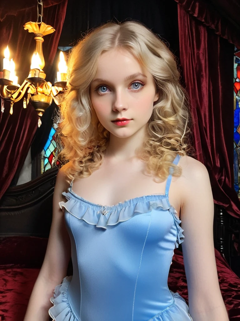 a with long golden hair, sparkling blue eyes in a light blue nightgown.
she is holding hands with a fairy with  fairy wings, blonde hair and pink dress