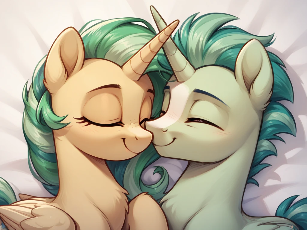  Alicorn princess female and Adagio Dazzle  , white mane, ,black body color  long flowing  mane pink  eyes anthro huge breasts  , sexy lesbians   ,perfect body shape hugging from behing looking at viewer ,framed picture  love couple smiling 