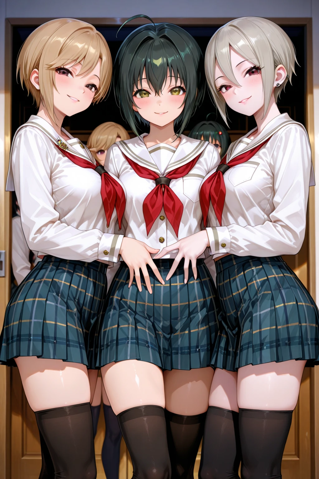 (master piece, high quality), (multiple girls), 14yo,  locker room, (white panties), school shirt, (group selfie), wide angle, soft light,Press against chest,Crushed chest,crotch grab,A girl is 

