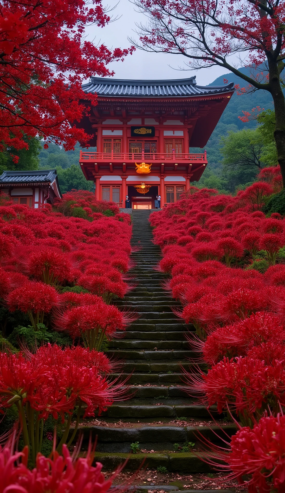 (古いAs I climbed the mossy stone steps, 、a vermilion Japanese temple appears:1.5),(Japanese-style templeと石灯籠:1.5),(As I climbed the mossy stone steps, 、A magnificent old shrine appears:1.5), (A beautiful world dyed in the sunset:1.5),A mysterious world),fantastic atmosphere,A fox fire is lit in front of the shrine,(the stone lanterns are all lit:1.5),(red spider lilies blooming secretly around stone lanterns:1.5),(the bright red flowers of Manjushaga in full bloom:1.5),(A beautiful world dyed in the sunset:1.5),(red spider lilies blooming secretly around stone lanterns:1.5),(bright red manju shage blooming secretly around stone lanterns:1.5), lots of higan flowers are blooming ,A lot of mandarin shagels blooming secretly around stone lanterns,countless spider lilies are blooming,(people:1.5),(Japanese-style temple:1.5),
