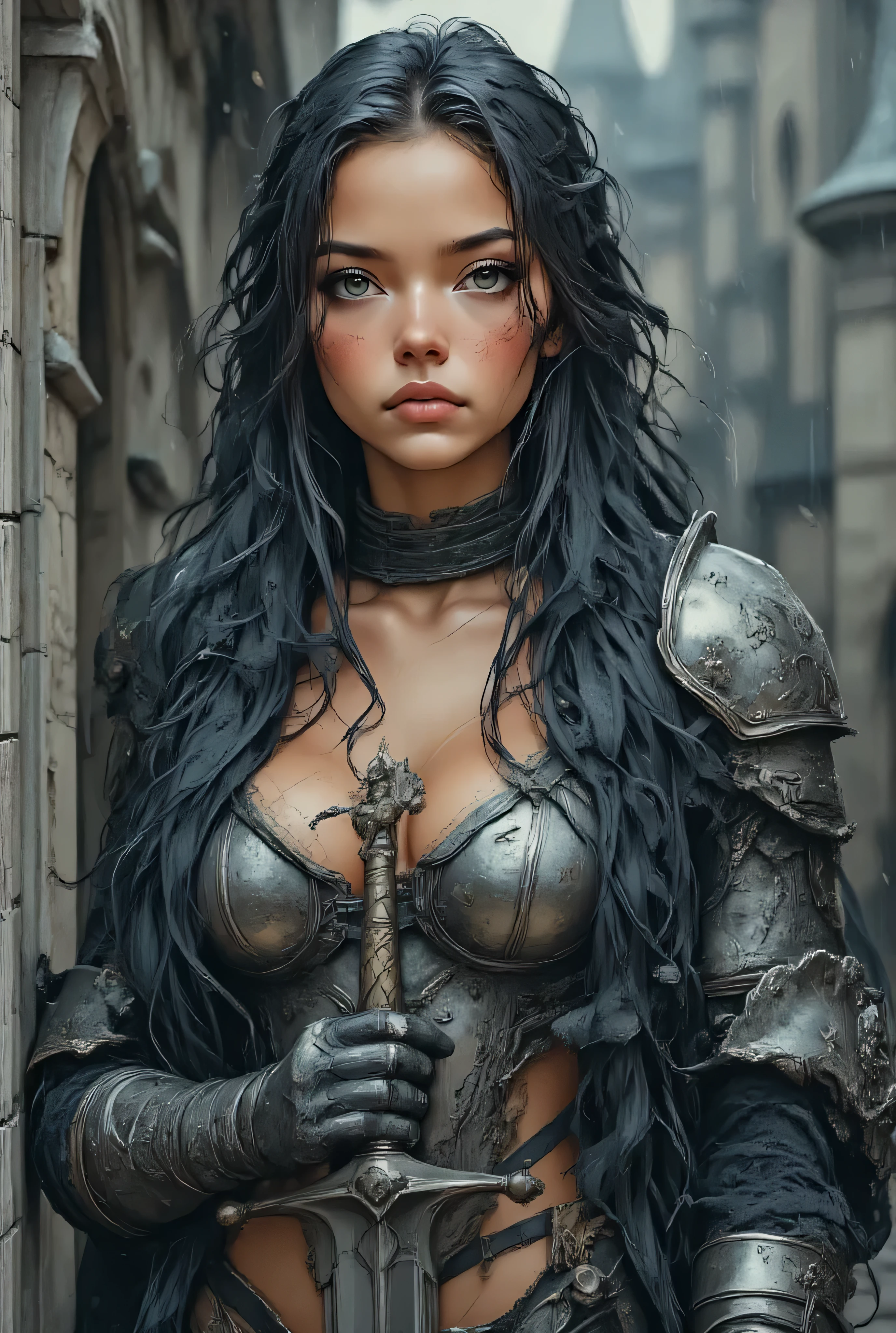 (Masterpiece, best quality, cinematic shot), photorealistic, 8k, ultra detailed, hyperrealistic, vivid colors, depth of field, Una splendida guerriera fantasy con lunghi capelli castano scuro, bagnati dalla pioggia, che indossa un’armatura molto ridotta in stile medievale-fantasy con dettagli scolpiti e motivi ornamentali. La donna è in una posa fiera, con lo sguardo rivolto verso l’osservatore mentre impugna una spada dall’elsa elaborata. Sullo sfondo, un imponente scenario gotico-medievale con alte torri e architetture in pietra, avvolto in un’atmosfera cupa e piovosa. Le gocce di pioggia accentuano la lucentezza del metallo e il riflesso sull’armatura, creando un effetto drammatico e cinematografico. Stile iperrealistico, resa ad alta definizione (8K), luci e ombre marcate, enfasi sui dettagli del metallo, della pelle e dell’acqua, con colori freddi e contrasti intensi per un risultato epico e suggestivo.