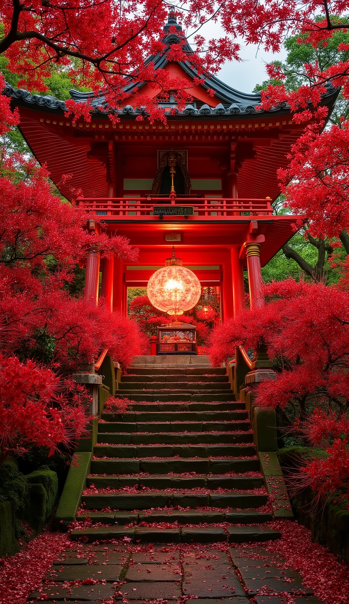 (古いAs I climbed the mossy stone steps, 、a vermilion Japanese temple appears:1.5),(Japanese-style templeと石灯籠:1.5),(As I climbed the mossy stone steps, 、A magnificent old shrine appears:1.5), (A beautiful world dyed in the sunset:1.5),A mysterious world),fantastic atmosphere,A fox fire is lit in front of the shrine,(the stone lanterns are all lit:1.5),(red spider lilies blooming secretly around stone lanterns:1.5),(the bright red flowers of Manjushaga in full bloom:1.5),(A beautiful world dyed in the sunset:1.5),(red spider lilies blooming secretly around stone lanterns:1.5),(bright red manju shage blooming secretly around stone lanterns:1.5),  lots of higan flowers are blooming  ,A lot of mandarin shagels blooming secretly around stone lanterns,countless spider lilies are blooming,(people:1.5),(Japanese-style temple:1.5),