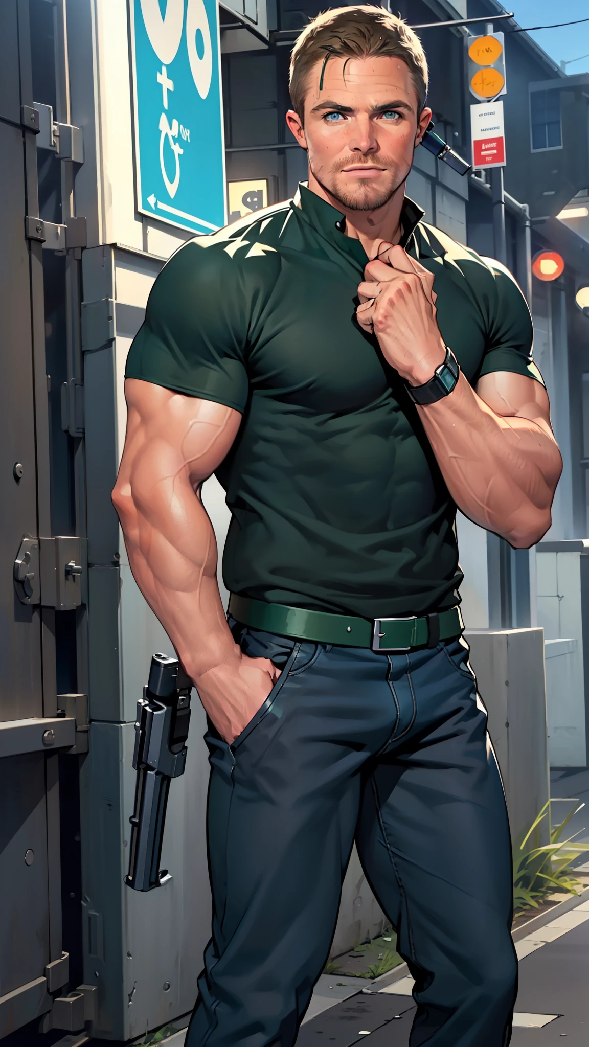 vpl,vpl,1 man, male focus solo,45 yo man, (((Stephen AMELL as private investigator))), lean muscle, open blue shirt, marine blue jeans with brown belt ,( bulge), full body shot, dark blond short hair, BLUE GREEN EYES , well groomed facial hair, (((( HANDS CROSSED , holding TWO guns IN BOTH HANDS LIKE JAMES BOND )))) (((SPREAD LEGS , VERY MANLY APPERANCE ))), ultra high quality, masterpiece, ( ever changing background, blue and white and green arabesques lines in the background)