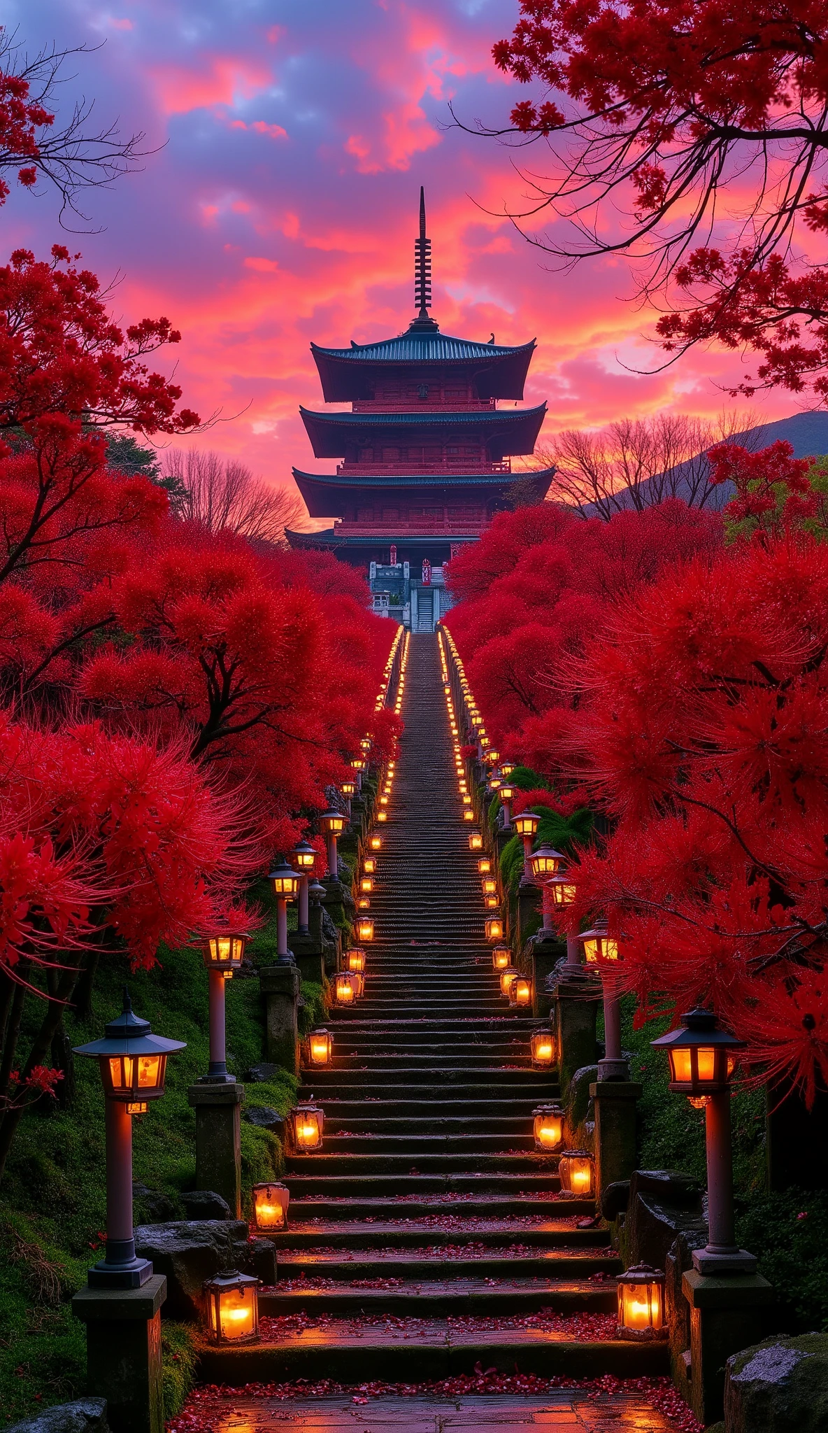 (古いAs I climbed the mossy stone steps, 、A vermilion Japanese five-story pagoda appears:1.5),(Japanese-style temple and stone lanterns:1.5),(As I climbed the mossy stone steps, 、A majestic five-story pagoda appears:1.5), (A beautiful world dyed in the sunset:1.5),A mysterious world),fantastic atmosphere,A fox fire is lit in front of the shrine,(the stone lanterns are all lit:1.5),(red spider lilies blooming secretly around stone lanterns:1.5),(the bright red flowers of Manjushaga in full bloom:1.5),(A beautiful world dyed in the sunset:1.5),(red spider lilies blooming secretly around stone lanterns:1.5),(bright red manju shage blooming secretly around stone lanterns:1.5),  lots of higan flowers are blooming  ,A lot of mandarin shagels blooming secretly around stone lanterns,countless spider lilies are blooming,(people:1.5),(Japanese-style five-story pagoda:1.5),