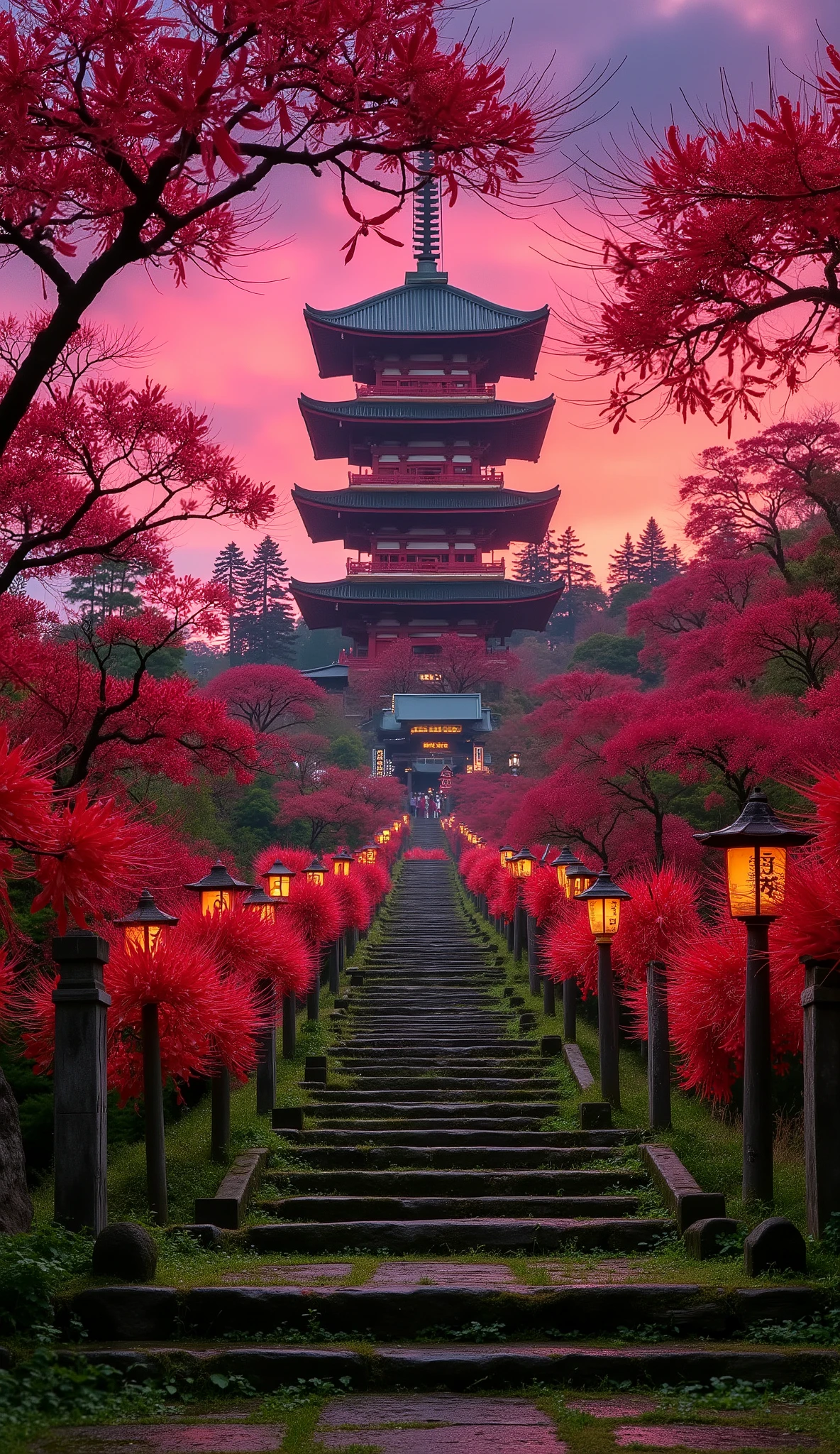 (古いAs I climbed the mossy stone steps, 、A vermilion Japanese five-story pagoda appears:1.5),(Japanese-style temple and stone lanterns:1.5),(As I climbed the mossy stone steps, 、A majestic five-story pagoda appears:1.5), (A beautiful world dyed in the sunset:1.5),A mysterious world),fantastic atmosphere,A fox fire is lit in front of the shrine,(the stone lanterns are all lit:1.5),(red spider lilies blooming secretly around stone lanterns:1.5),(the bright red flowers of Manjushaga in full bloom:1.5),(A beautiful world dyed in the sunset:1.5),(red spider lilies blooming secretly around stone lanterns:1.5),(bright red manju shage blooming secretly around stone lanterns:1.5),  lots of higan flowers are blooming  ,A lot of mandarin shagels blooming secretly around stone lanterns,countless spider lilies are blooming,(people:1.5),(Japanese-style five-story pagoda:1.5),