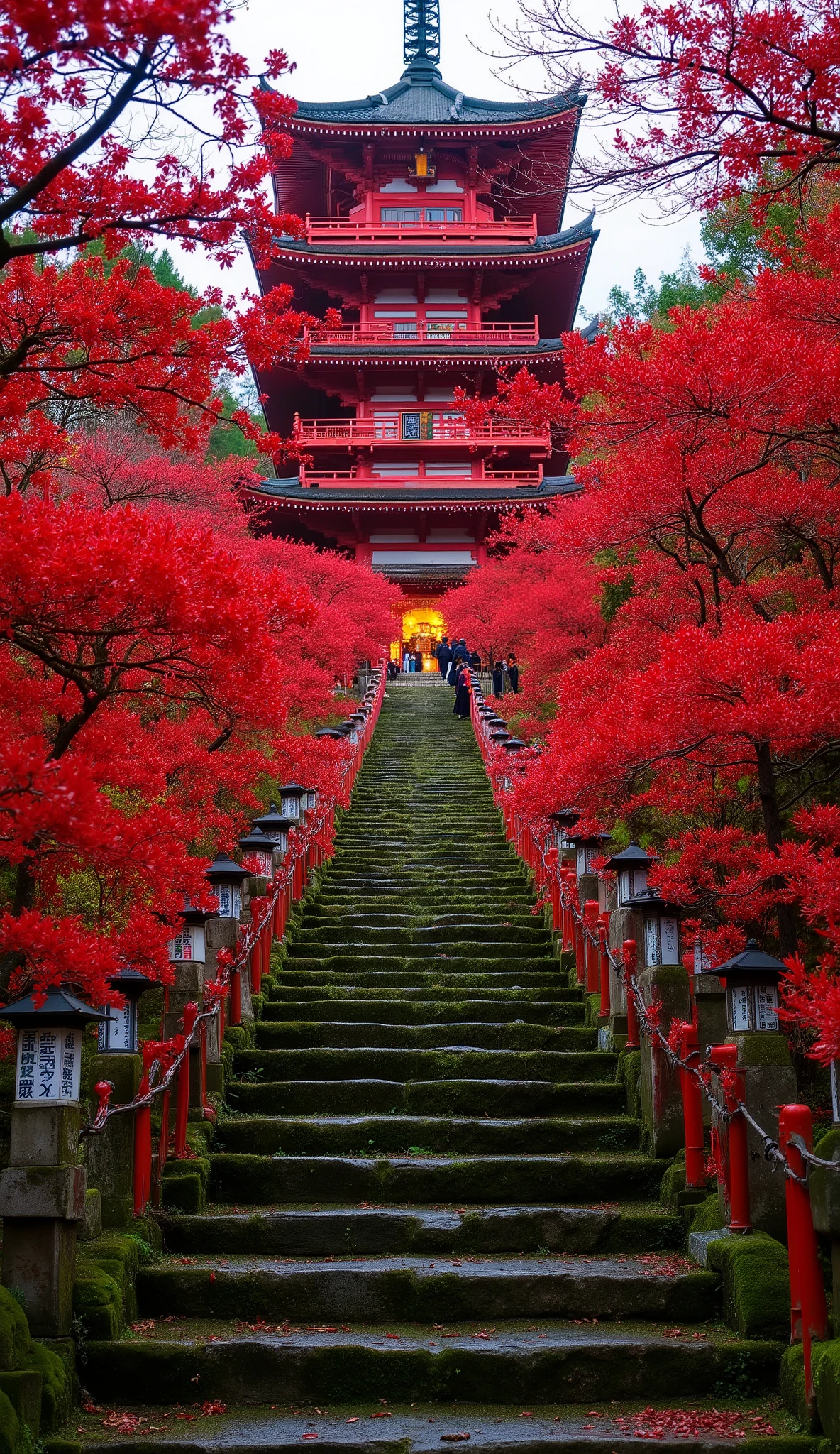 (古いAs I climbed the mossy stone steps, 、A vermilion Japanese five-story pagoda appears:1.5),(Japanese-style temple and stone lanterns:1.5),(As I climbed the mossy stone steps, 、A majestic five-story pagoda appears:1.5), (A beautiful world dyed in the sunset:1.5),A mysterious world),fantastic atmosphere,A fox fire is lit in front of the shrine,(the stone lanterns are all lit:1.5),(red spider lilies blooming secretly around stone lanterns:1.5),(the bright red flowers of Manjushaga in full bloom:1.5),(A beautiful world dyed in the sunset:1.5),(red spider lilies blooming secretly around stone lanterns:1.5),(bright red manju shage blooming secretly around stone lanterns:1.5), lots of higan flowers are blooming ,A lot of mandarin shagels blooming secretly around stone lanterns,countless spider lilies are blooming,(people:1.5),(Japanese-style five-story pagoda:1.5),