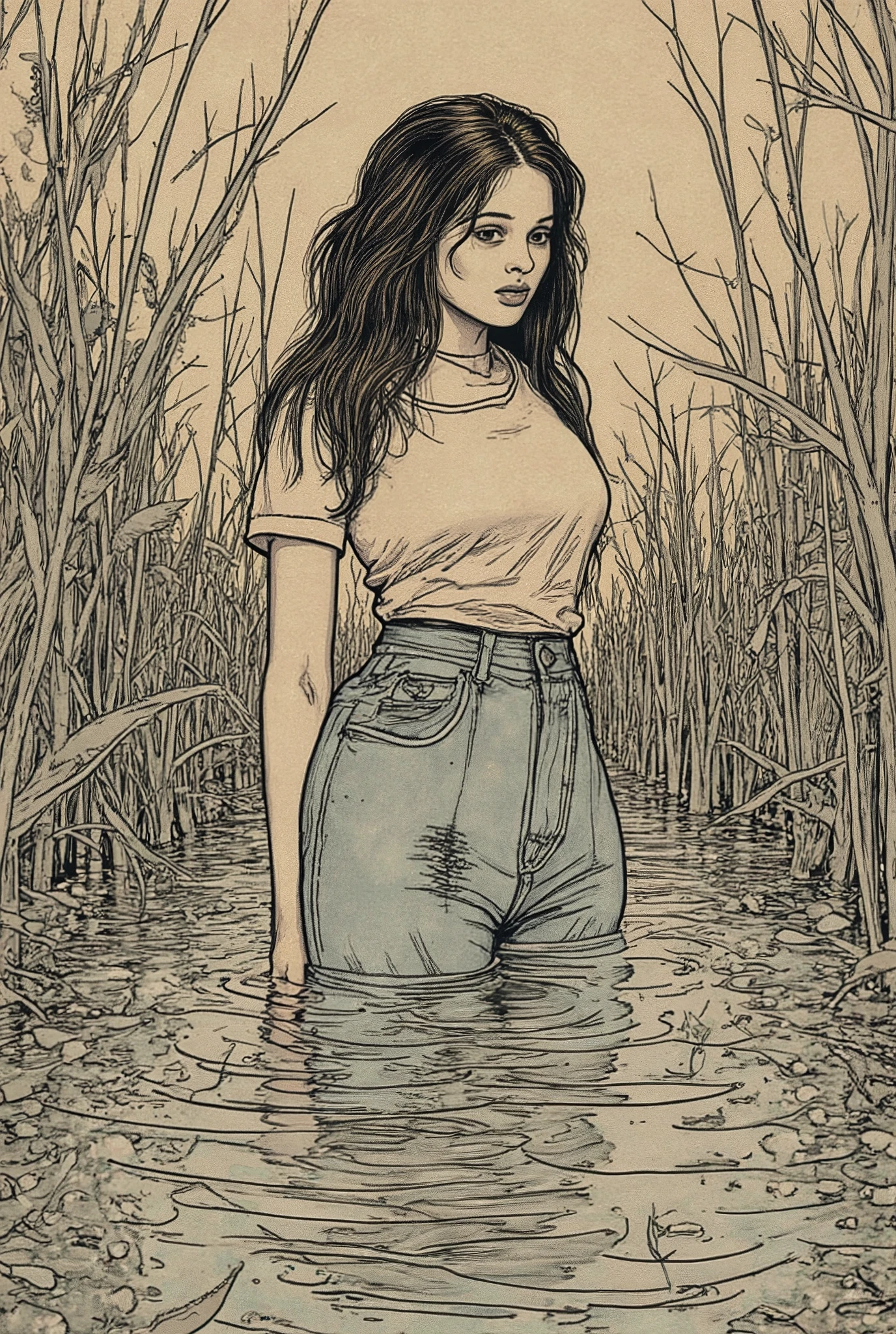 70s illustration,,  The linear pattern , weird fetiche aesthetics, girl, standing drowning in a swamp, t-shirt and dirty jeans, fetish desperate posing 