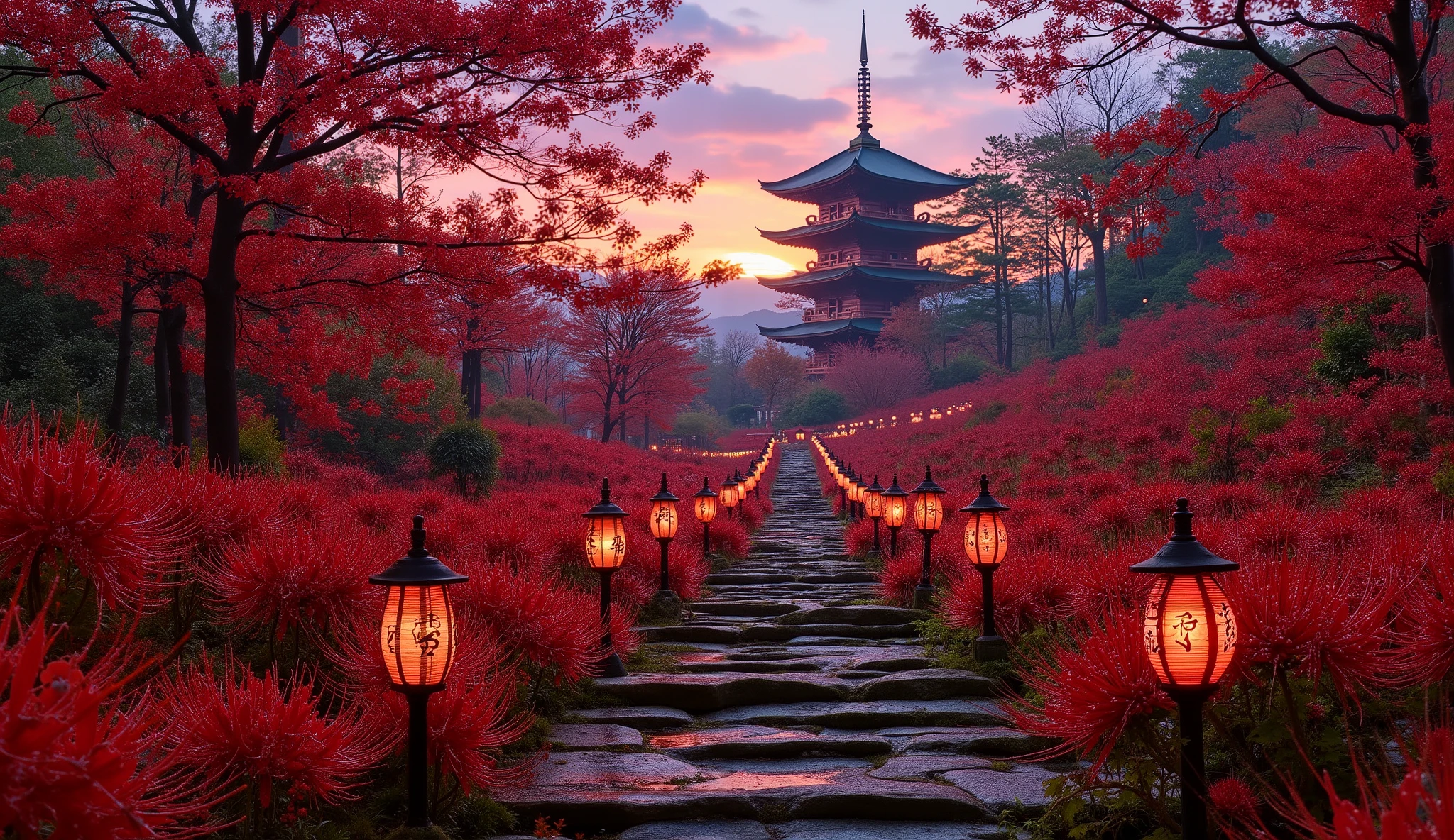 (古いAs I climbed the mossy stone steps, 、A vermilion Japanese five-story pagoda appears:1.5),(Japanese-style temple and stone lanterns:1.5),(As I climbed the mossy stone steps, 、A majestic five-story pagoda appears:1.5), (A beautiful world dyed in the sunset:1.5),A mysterious world),fantastic atmosphere,A fox fire is lit in front of the shrine,(the stone lanterns are all lit:1.5),(red spider lilies blooming secretly around stone lanterns:1.5),(the bright red flowers of Manjushaga in full bloom:1.5),(A beautiful world dyed in the sunset:1.5),(red spider lilies blooming secretly around stone lanterns:1.5),(bright red manju shage blooming secretly around stone lanterns:1.5),  lots of higan flowers are blooming  ,A lot of mandarin shagels blooming secretly around stone lanterns,countless spider lilies are blooming,(people:1.5),(Japanese-style five-story pagoda:1.5),