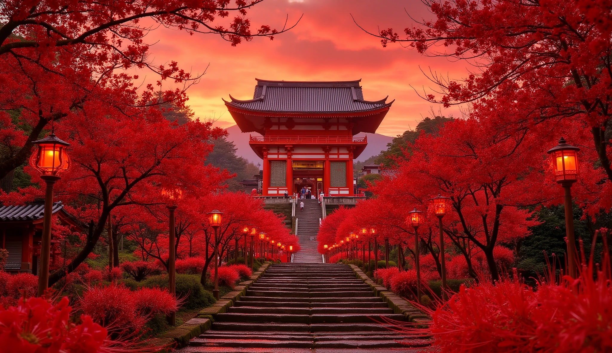 (古いAs I climbed the mossy stone steps, 、A vermilion Japanese five-story pagoda appears:1.5),(Japanese-style temple and stone lanterns:1.5),(As I climbed the mossy stone steps, 、A majestic five-story pagoda appears:1.5), (A beautiful world dyed in the sunset:1.5),A mysterious world),fantastic atmosphere,A fox fire is lit in front of the shrine,(the stone lanterns are all lit:1.5),(red spider lilies blooming secretly around stone lanterns:1.5),(the bright red flowers of Manjushaga in full bloom:1.5),(A beautiful world dyed in the sunset:1.5),(red spider lilies blooming secretly around stone lanterns:1.5),(bright red manju shage blooming secretly around stone lanterns:1.5),  lots of higan flowers are blooming  ,A lot of mandarin shagels blooming secretly around stone lanterns,countless spider lilies are blooming,(people:1.5),(Japanese-style five-story pagoda:1.5),