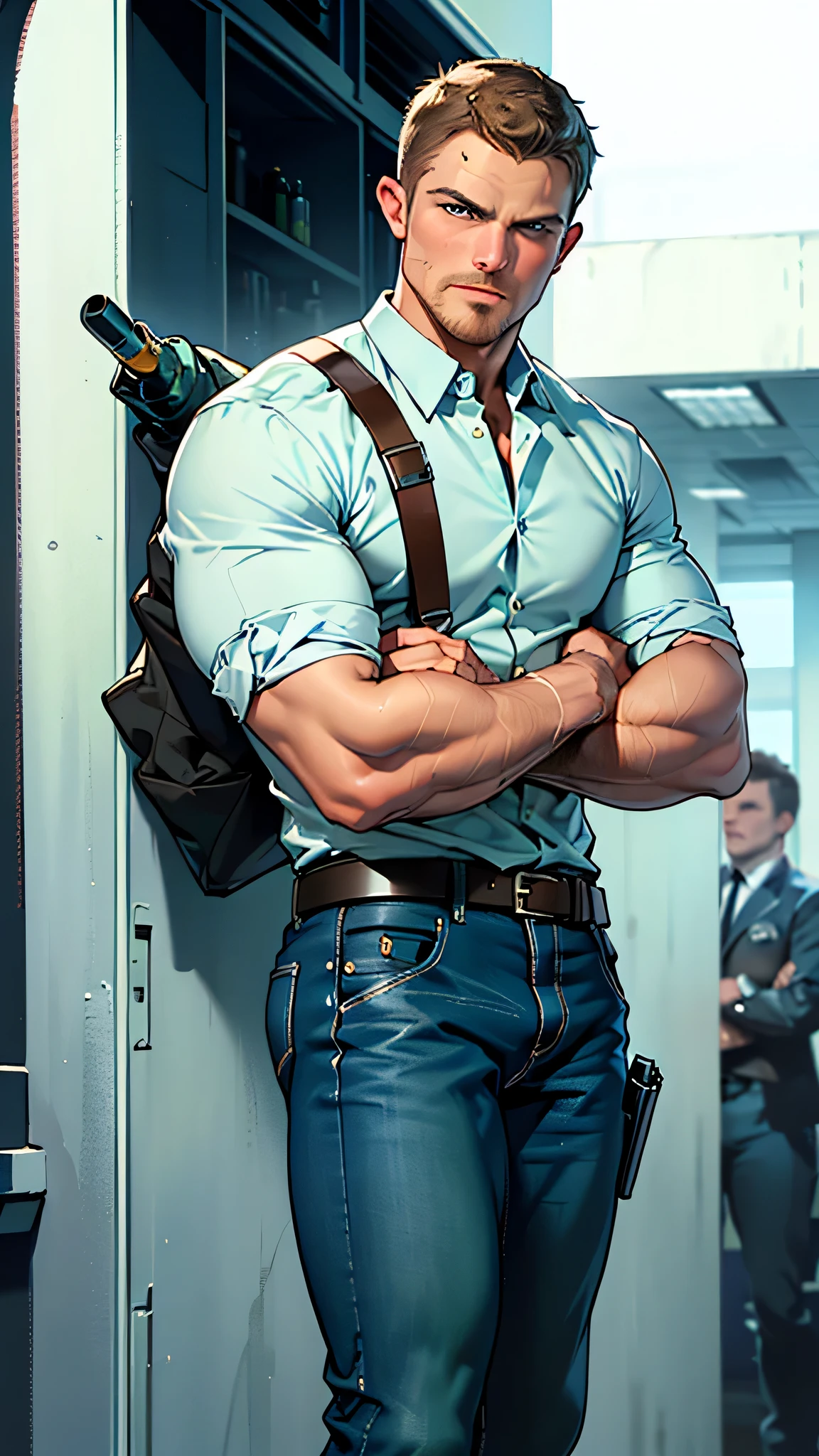 vpl,vpl,1 man, male focus solo,45 yo man, (((Stephen AMELL as private investigator))), lean muscle, open blue shirt, marine blue jeans with brown belt ,( bulge), full body shot, dark blond short hair, BLUE GREEN EYES , well groomed facial hair, (((( HANDS CROSSED , holding TWO guns IN BOTH HANDS LIKE JAMES BOND )))) (((SPREAD LEGS , VERY MANLY APPERANCE ))), ultra high quality, masterpiece, ( ever changing background, blue and white and green arabesques lines in the background)