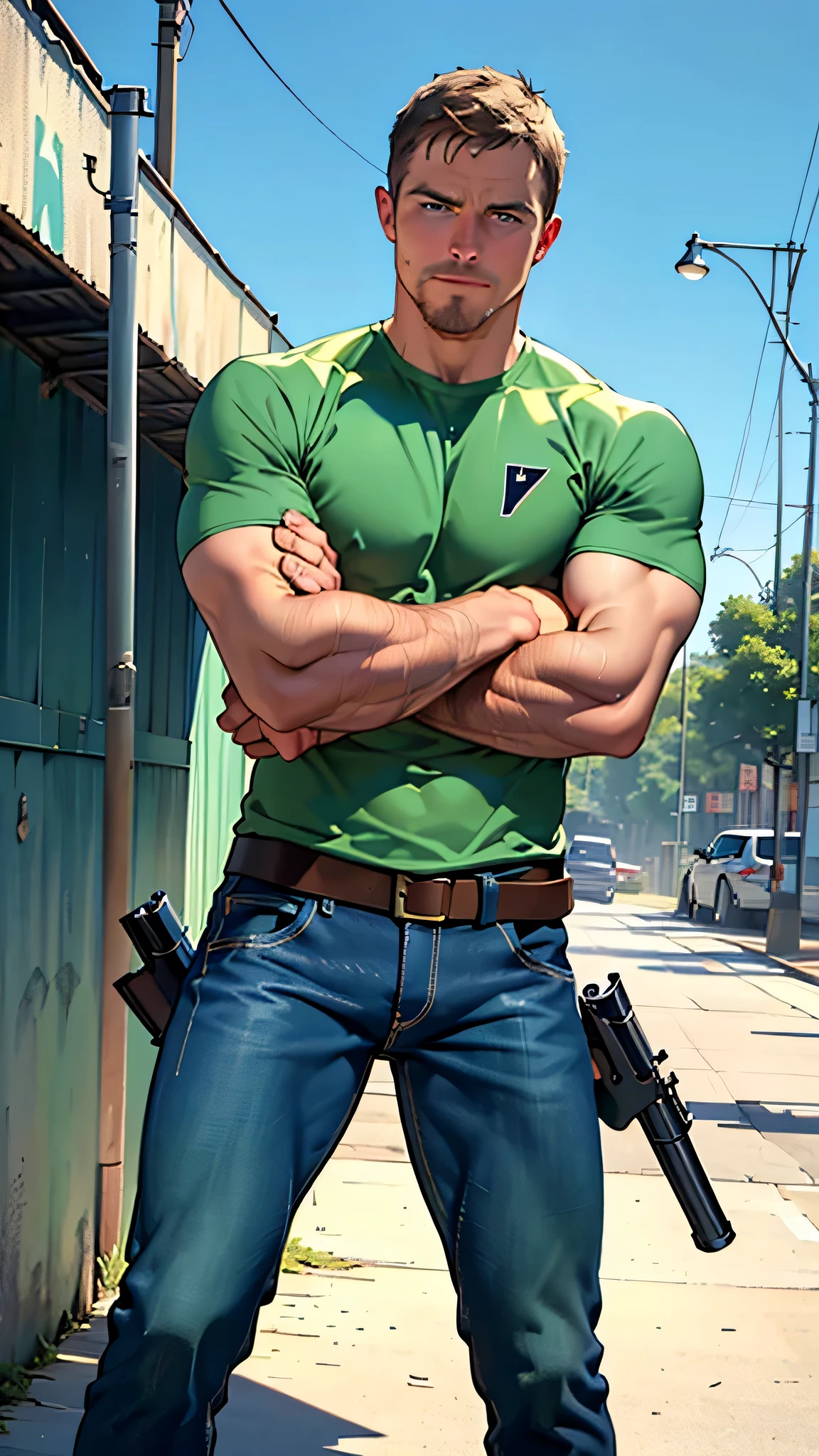 vpl,vpl,1 man, male focus solo,45 yo man, (((Stephen AMELL as private investigator))), lean muscle, open blue shirt, marine blue jeans with brown belt ,( bulge), full body shot, dark blond short hair, BLUE GREEN EYES , well groomed facial hair, (((( HANDS CROSSED , holding TWO guns IN BOTH HANDS LIKE JAMES BOND )))) (((SPREAD LEGS , VERY MANLY APPERANCE ))), ultra high quality, masterpiece, ( ever changing background, blue and white and green arabesques lines in the background)