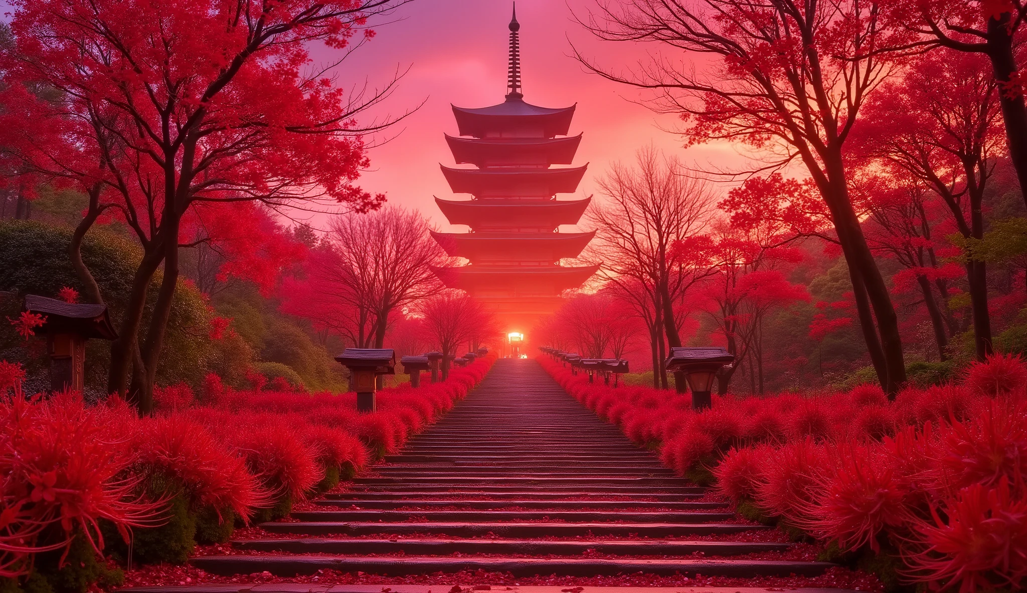 (古いAs I climbed the mossy stone steps, 、A vermilion Japanese five-story pagoda appears:1.5),(Japanese-style five-story pagodaと石灯籠:1.5),(As I climbed the mossy stone steps, 、A majestic five-story pagoda appears:1.5), (A beautiful world dyed in the sunset:1.5),A mysterious world),fantastic atmosphere,A fox fire is lit in front of the shrine,(the stone lanterns are all lit:1.5),(red spider lilies blooming secretly around stone lanterns:1.5),(the bright red flowers of Manjushaga in full bloom:1.5),(A beautiful world dyed in the sunset:1.5),(red spider lilies blooming secretly around stone lanterns:1.5),(bright red manju shage blooming secretly around stone lanterns:1.5), lots of higan flowers are blooming ,A lot of mandarin shagge are blooming,Countless higan flowers are blooming,(no people:1.5),(Japanese-style five-story pagoda:1.5),