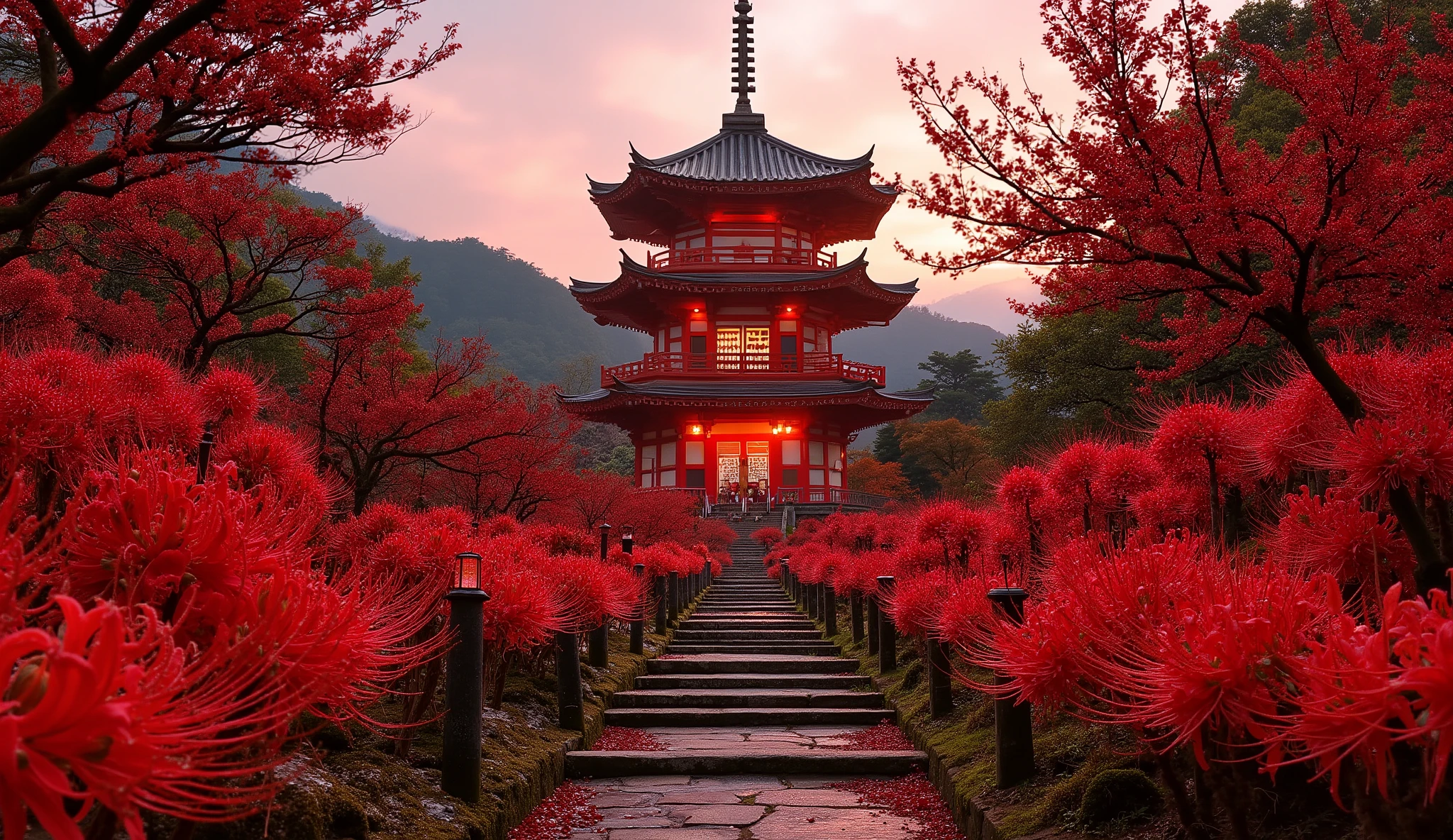 (古いAs I climbed the mossy stone steps, 、A vermilion Japanese five-story pagoda appears:1.5),(Japanese-style five-story pagodaと石灯籠:1.5),(As I climbed the mossy stone steps, 、A majestic five-story pagoda appears:1.5), (A beautiful world dyed in the sunset:1.5),A mysterious world),fantastic atmosphere,A fox fire is lit in front of the shrine,(the stone lanterns are all lit:1.5),(A bright red flower of red spider lilies blooming secretly around a stone lantern:1.5),(the bright red flowers of Manjushaga in full bloom:1.5),(A beautiful world dyed in the sunset:1.5),(A bright red flower of red spider lilies blooming secretly around a stone lantern:1.5),(A bright red manju shage blooming secretly around a stone lantern:1.5),  lots of higan flowers are blooming  ,A lot of mandarin shagge are blooming,Countless higan flowers are blooming,(no people:1.5),(Japanese-style five-story pagoda:1.5),