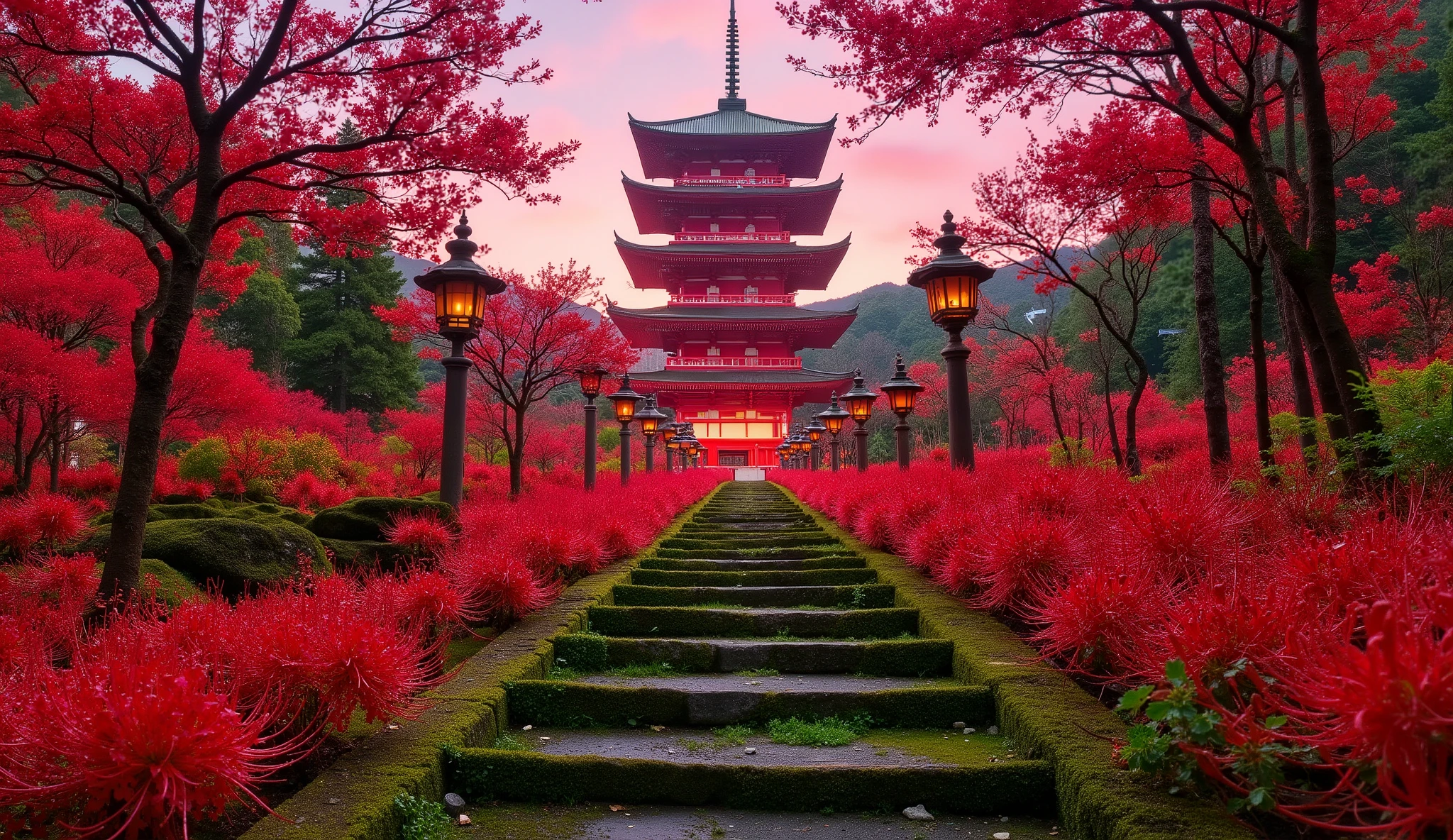 (古いAs I climbed the mossy stone steps, 、A vermilion Japanese five-story pagoda appears:1.5),(Japanese-style five-story pagodaと石灯籠:1.5),(As I climbed the mossy stone steps, 、A majestic five-story pagoda appears:1.5), (A beautiful world dyed in the sunset:1.5),A mysterious world),fantastic atmosphere,A fox fire is lit in front of the shrine,(the stone lanterns are all lit:1.5),(red spider lilies blooming secretly around stone lanterns:1.5),(the bright red flowers of Manjushaga in full bloom:1.5),(A beautiful world dyed in the sunset:1.5),(red spider lilies blooming secretly around stone lanterns:1.5),(bright red manju shage blooming secretly around stone lanterns:1.5),  lots of higan flowers are blooming  ,A lot of mandarin shagge are blooming,Countless higan flowers are blooming,(no people:1.5),(Japanese-style five-story pagoda:1.5),