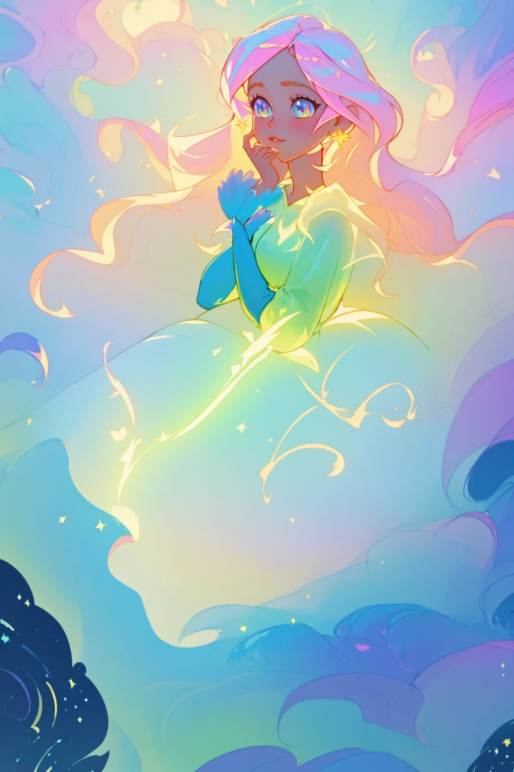 anime, a girl with long hair, in a white dress, holding a pink and blue ball, long glowing ethereal hair, glowing flowing hair, flowing glowing hair, anime girl with cosmic hair, beautiful young wind spirit, long glowing hair, beautiful anime art style, beautiful digital illustration, ethereal anime, a beautiful artwork illustration, blonde anime girl with long hair, inspired by Glen Keane, inspired by Lois van Baarle, disney art style, by Lois van Baarle, glowing aura around her, by Glen Keane, jen bartel, glowing lights