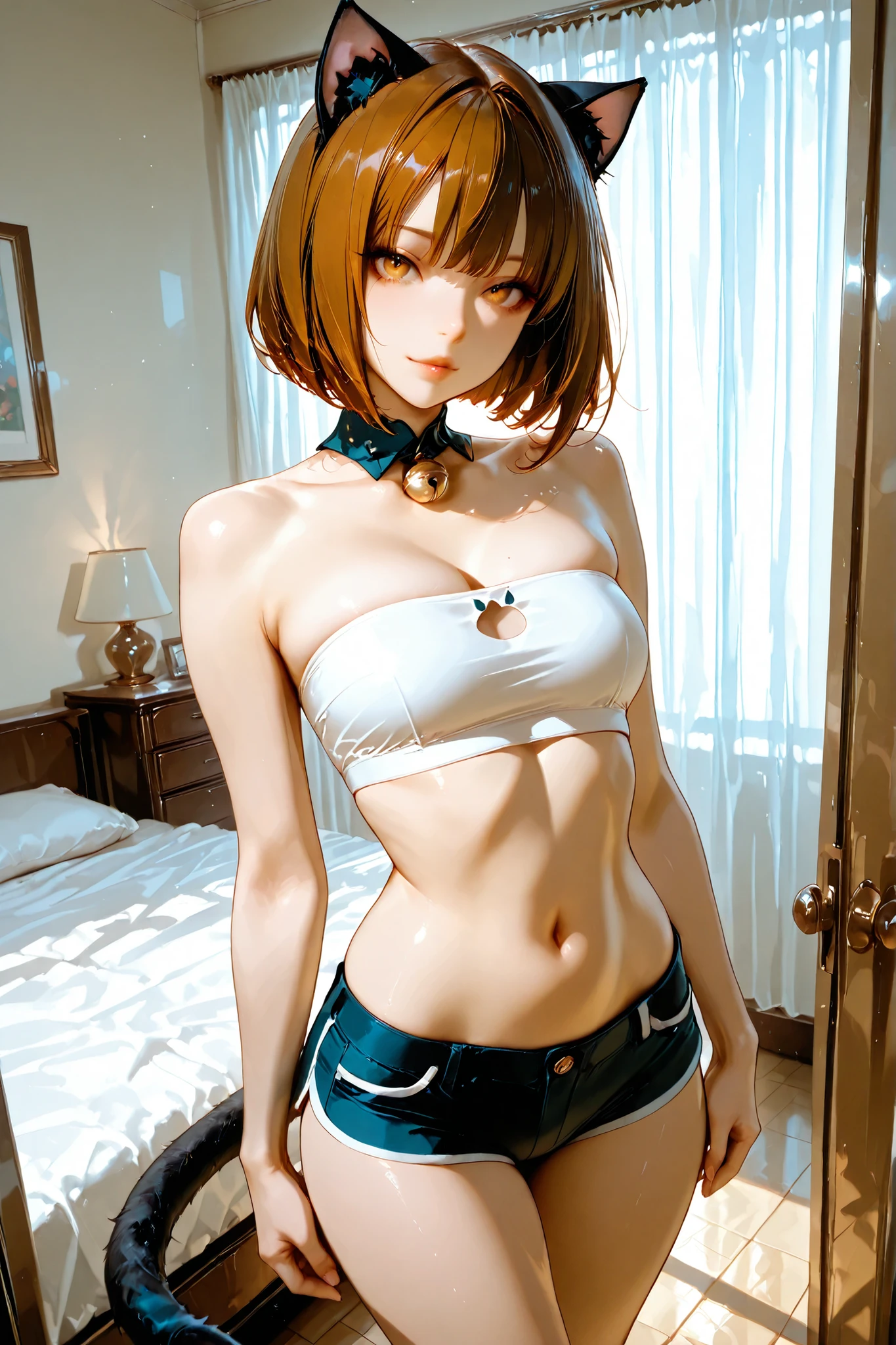 masterpiece, best quality, ultra-detailed, 8k, rich-contrast,
a gothic-influenced catgirl with a melancholic beauty, (feminine curves:1.1), beautiful decollete, 21 years old, softly shining skin, chin-length chestnut brown bob with smooth, beautiful eyes, delicate lips, cat ears matching hair color,
wears a white bandeau, mini shorts matching bandeau,
on a private room, sweet atmosphere, balanced-exposed and soft shadows,
standing beside the bed, seductive posture, softly glancing at the viewer with innocent allure
intimate medium shot, slightly low angle,