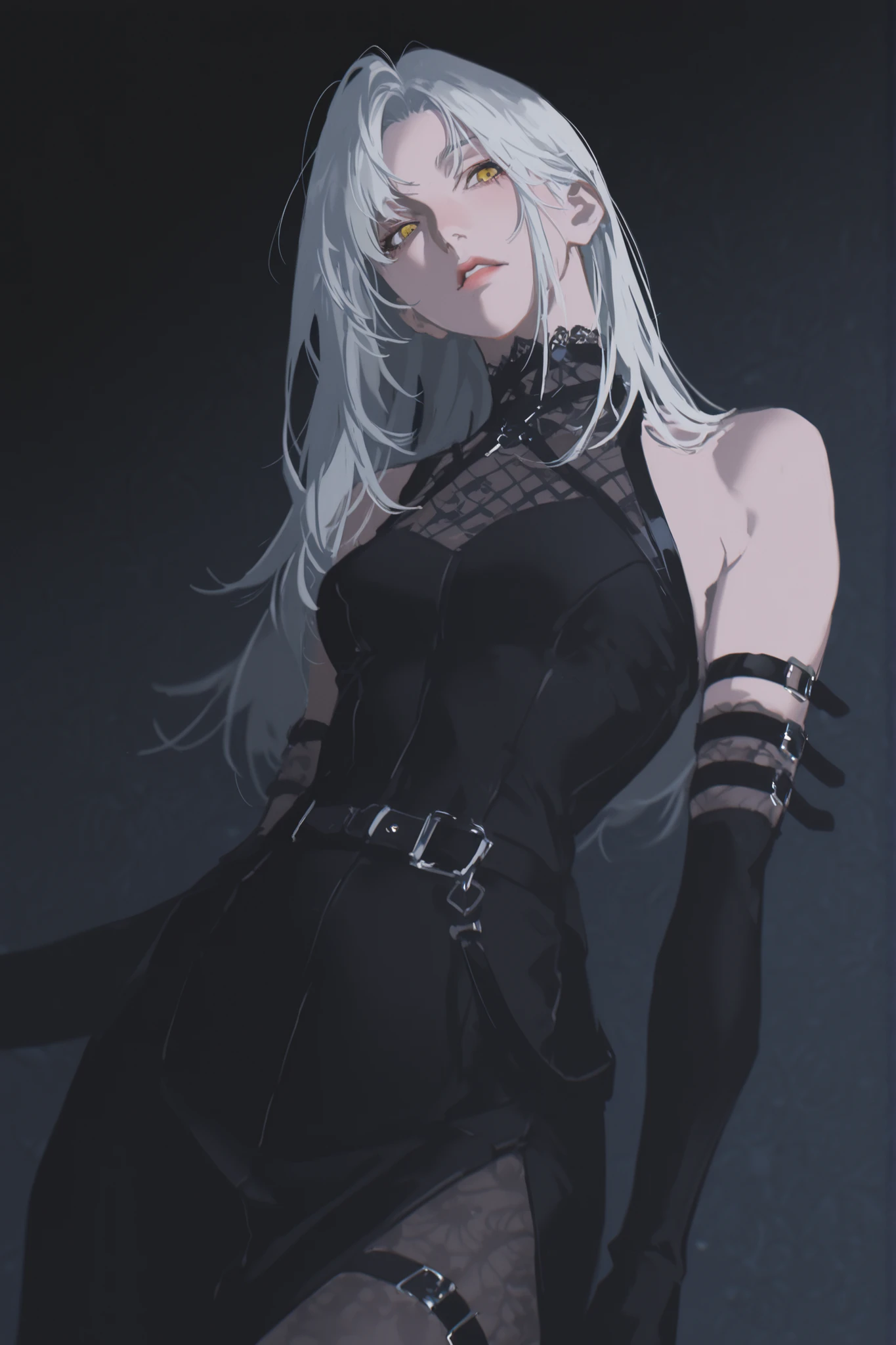  best quality, masterpiece, 1woman, white hair, pure white hair, danboru, zerochan, mature face, straight hair, neutral expression, long_hair, parted_bangs, parted hair, mature face, dark fantasy, pattern undershirt, dynamic angle, beautiful detailed face, yellow eyes, cosmos, dark background, straight hair, nox_(path_to_nowhere) , {black hair, mature, mature face, long hair, splash art}, (mature face), 1girl, cowboy_shot, side tigh, blurry, anime_style,blurry_background, yoneyama mai, sleeveless, long gloves, tight dress, black skirt, bright yellow eyes, small chest, sharp eyes, arm belts, leg belt, belts, edgy fashion, black bodysuit, black high-neck bodysuit, bold look, fashionable, solo, looking at viewer, blurry, chromatic aberration, long skirt, pattern_leggings, portrait, rich color, beautiful light, perfect contrast, realistic facial features, detailed features, defined features, detailed hair, semi-realistic style, attractive features, dark colors, dark lighting, painted style, detailed style, black outline, perfect detail, pale skin, dull colors, anime style, semi-realistic, cute, clear background, lifeless colors, dirty filterdark, rough sketch lineart, loose lineart, watercolor coloring, masterpiece, ultra detailed, 4k, 8k, ultra hd, best
