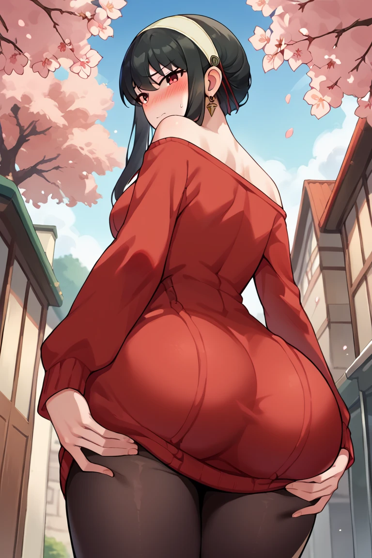 score_9, score_8_up, score_7_up, source_anime,yor briar, ,  grab in aggressive way, black hair, red eyes, earrings, white hairband, hairband, long hair, sidelocks,  shoulders, collarbone, looking at the viewer, cute, dress, long sleeves, off shoulder, off-shoulder dress, off-shoulder sweater, pantyhose, red sweater, sweater, sweater dress, thighs, , from below, , , embarrassed,  outside, cherry blossoms, looking at viewer, , blush,  