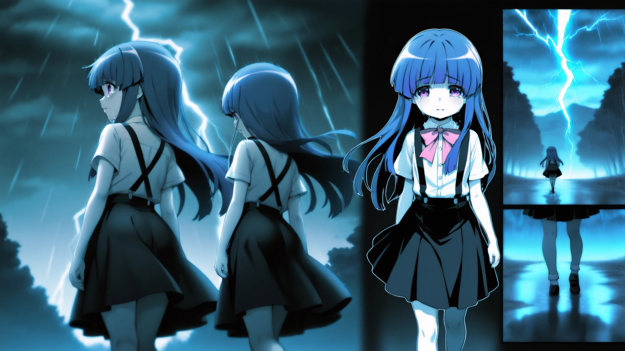 furude rika, Blue Hair, Purple eyes, white shirt, pink bow, suspenders, black skirt, 1girl, detailed, masterpiece, nightfall, outside, solo, leaving, walking, thunder, rain, rear view, crying with eyes open, monochrome, multiple views,