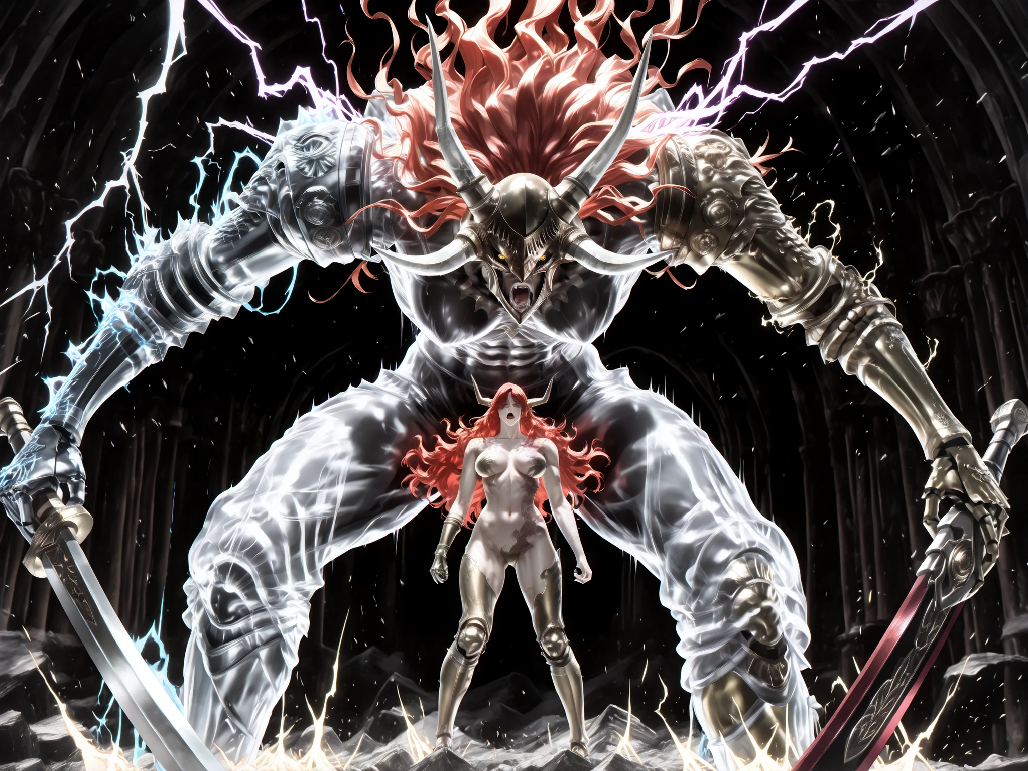 (masterpiece, very detailed, ethereal fantasy art:1.3), two divine warrior gods in profile view,((  Standing face to face )), a radiant mystical purple aura, and the other one shining with golden crimson red energy, , milenia una con un elegante cabello suelto rojo y una Armdura divina adornada,radan otro guerrero divino con Armfura pesada, surreal environment , dramatic lights collide in the center, light energy sparks where her powers meet, Cinematic composition, high color contrast, inspired by a dark and ethereal illustration, powerful and majestic, visually striking narrative, MaleniaRot, red hair, eyes closed, scar en la cara, scar, Completely ,  , navel, mariposa, alas, amputee, una sola scar en el brazo, a single mechanical arm, mechanical leg, BREAK up a boy,Radahn,yellow eyes,black sclera,long hair,red hair,arrow on the back,flag on the back,cable,false horns,helmet with horns,angry,open-mouthed, postura de combate,(holding sword:1.2),empuñar dos Arms,(Lightning :1.2),(electricity:1.2),riding,size difference,Increase_Arm,light particles,