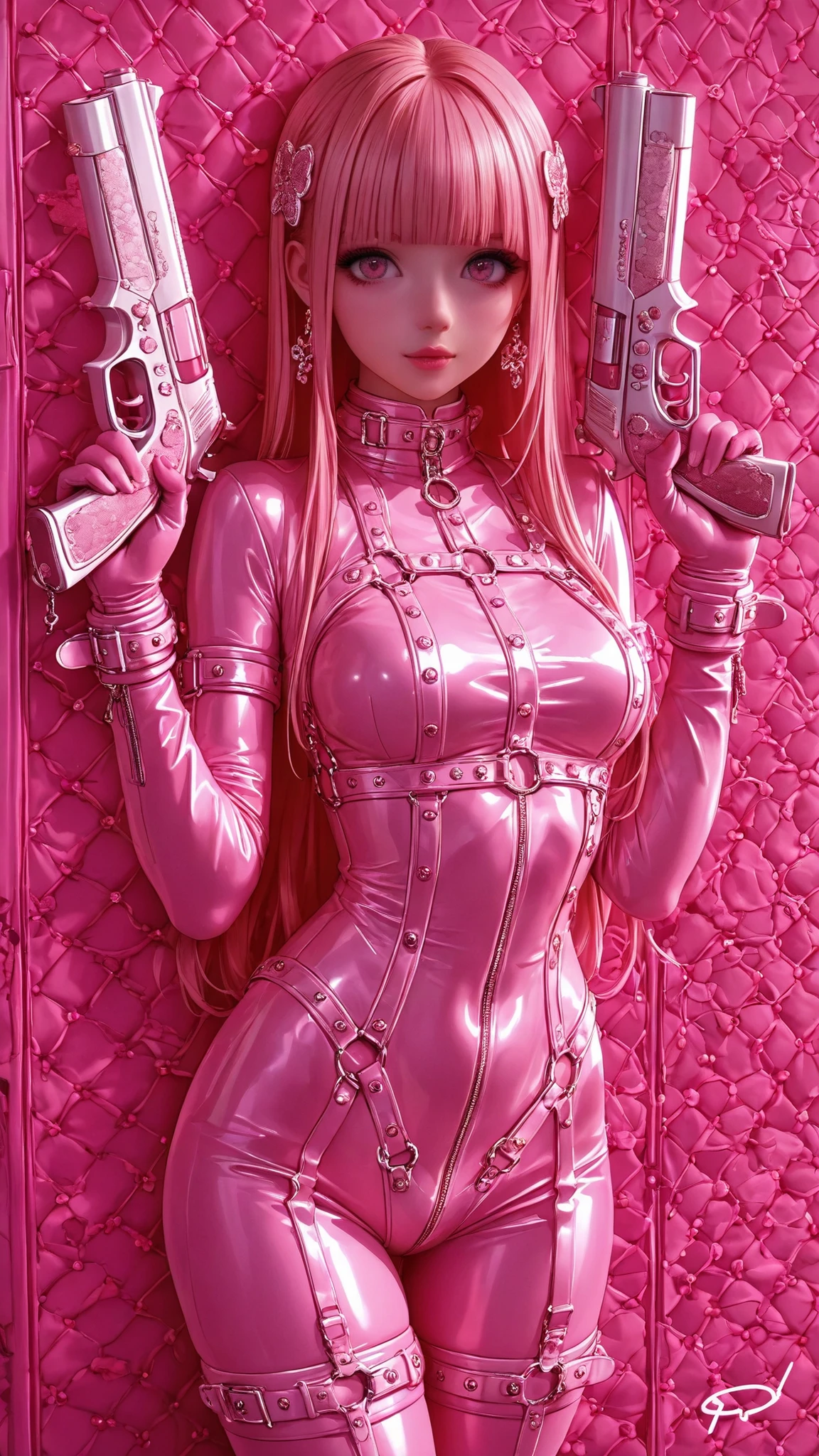 My Japanese secret agent girlfriend, blunt bangs, latex, gun, hot pink theme,