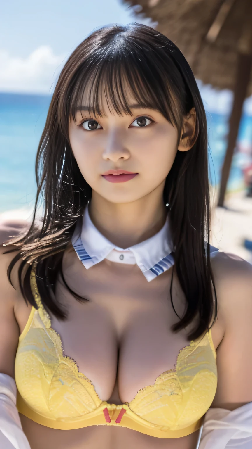 masterpiece, Highest Quality, reality, very detailed, Fine Details, high resolution, 8k,Wallpaper, perfect dynamic configuration,(Details on the Collar High Quality, realityistic depiction of eyes:1.3), (:1.2), (Yellow Bra)、(Striped  :1.2), (big :1.3), dark hair, natural big lips, perfect body, 20 year old girl、cute type,  gravure idol at the seaside in Bali、