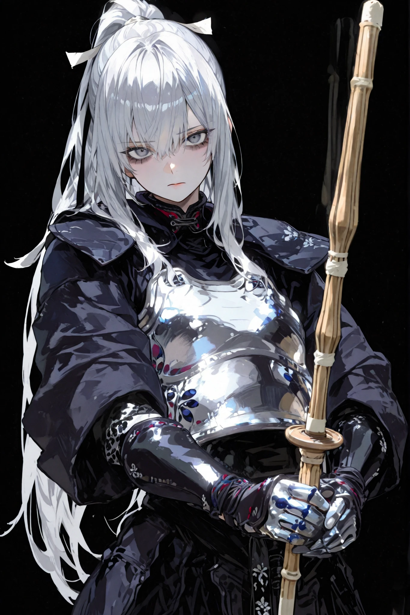 spectacular view from above. female newbie (athletic body, chrome skin, big sharp silver eyes, long silver hair in a high ponytail tied with a thin red ribbon, dressed in traditional black kendo armor,An intricate intertwining of dark blue dots (breastplate) prominent, , , providing both practical protection, and aesthetic the pleasantly texture of)  holds bamboo shinai with both hands, the tip of the weapon, covering the forearms, , protective equipment, assuming readiness and focus. The ensemble is complemented by kote, , directed towards the viewer, , visible from under the sleeves gi, a mirror reflection on armor, a feature, that gives the scene a sense of mystery and intensity. This picture captures the discipline and traditional elegance of kendo, , emphasizing the calm, but the powerful position of the practitioner, , Shrouded in Mystery, on a gray-white-black background.