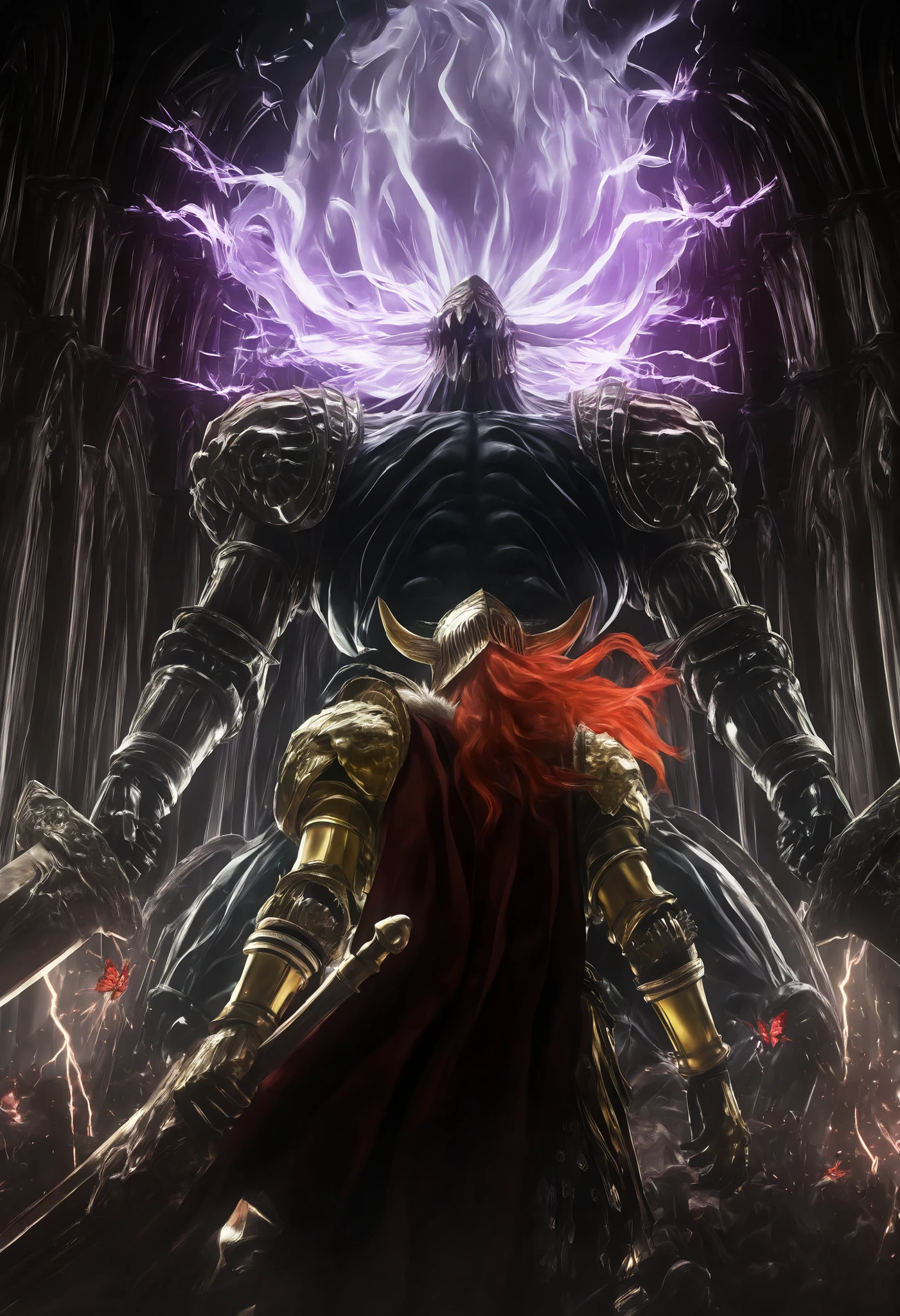 (masterpiece, very detailed, ethereal fantasy art:1.3), ((dos dioses guerreros divinos en la vista in profile)),((in profile)),(( de pie face to face)),((face to face)), 1chico,Radahn,yellow eyes,black sclera,long hair,purple hair,heavy swords,arrow on the back,flag on the back,cable,false horns,helmet with horns,angry,open-mouthed, postura de combate,(holding sword:1.2),empuñar dos Arms moradas,(Lightning :1.2),(electricity:1.2),riding,size difference,Increase_Arm,light particles,,radahn una radiante aura morada mística guerrero divino con Armfura pesada, surreal environment ,(( dramatic lights collide in the center)), ((light energy sparks where her powers meet)), powerful and majestic, visually striking narrative, A girl MaleniaRot,Malenia from Elden Ring,Long golden sword, shines with red and golden crimson energy, , milenia una con un elegante cabello suelto rojo y una Armdura divina adornada,red hair, eyes closed, scar en la cara, scar, red butterflies on the red side of Malenia, alas, amputee, una sola scar en el brazo, a single mechanical arm,