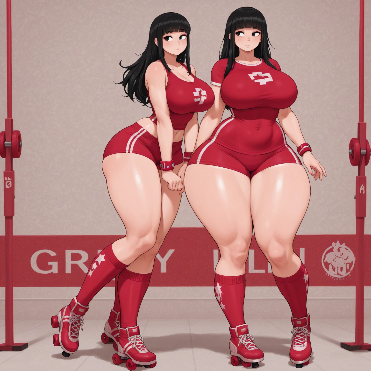 (score_9, score_8_up, score_7_up), 2girls wearing croptop tanktops and short red gym shorts with thighhigh socks, huge asses, gyrating, shaking ass, dancing, raw lighting, overexposed, harsh flash, looking back, smiling, seductive, ass focus, outdoors, at the beach,