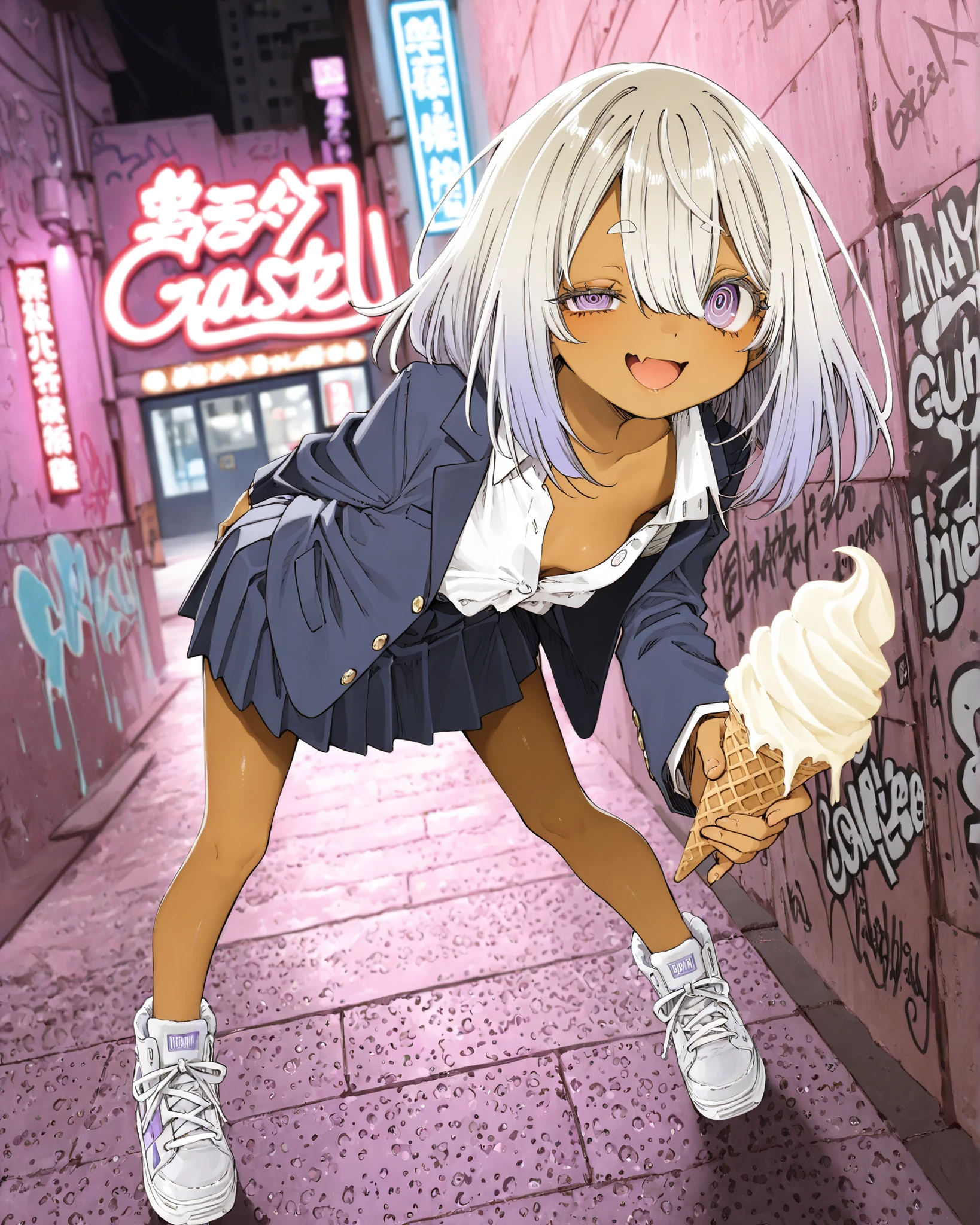 ((Abara Heiki style)), ((Masterpiece)), ((best quality, amazing quality)), ((very aesthetic, absurdres, newest)), ((detailed background, negative space, blurry background, depth of field, Asymmetrical background)), (dynamic angle, wide shot), ((1girl)), Cute young Girl, (Healthy Gaunt body, Textured skin, small , tilt head), ((brown-skin)), Glossy hair, (hair between eyes, long bangs, long side bangs), (medium hair, platinum-gold hair, unruly hair, gradient hair), (( smile, open mouth)), skin fang, (pale purple eyes, ringed eyes, gradient eyes, uneven eyes, peering into the viewer), big eyes, (short eyebrows), glossy lips, pouty lips, (lower eyelashes), BREAK, (open Cute blazer school uniform, Navy blue blazer, white buttoned shirt), (school uniform skirt, pleated skirt), (Thick-soled Sneakers, Sneakers shining in pastel colors)), (slightly exposed cleavage), Beautiful neckline, ((giving half-eaten ice cream, incoming half-eaten ice cream, detailed ice cream)), ((loose standing leaning forward, Graffitied wall, , Flashy graffiti)), neon sign, outdoor, cityscape, Scattered rubbles, aged Asphalt, (american architecture),