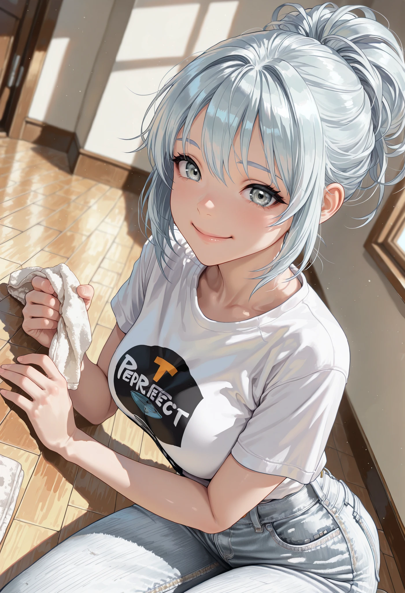 (side view:1.4), (from above:1.2), masterpiece, best quality, amazing quality, very aesthetic, high resolution, ultra-detailed, absurdres, newest, scenery, BREAK, depth of field, volumetric lighting, (masterpiece, best quality, absurdres, detailed,perfect quality, amazing quality, very aesthetic, absurdres, newest, ultra-detailed:1.2), extremely detailed, modern, very awa, crisp, sharp, beautiful eyes, fine textures, clean skin, 1girl, 18yo, cowboy shot, BREAK a japanese cute sexy girl with silvery white hair in an intricate asymmetrical updo. The back of her hair is short and bunched high with the ends fanning out. The left side of her hair frames her face with long, loose strands, while the right side of her hair is loosely swept back over her ears and bunched together with the back hair, creating a slightly unbalanced but elegant look. A high, luxurious hair accessory on top adds a unique and fashionable touch to the hairstyle. Her hair catches the light and gives off a shiny, metallic shine. BREAK ((glossy silver eyes:1.5)), (cute eyes, tareme, twinkle eyes), (large breasts), cute face, beautiful face, pretty face, beautiful, good anatomy, long eyelashes, expressive eyes, Perfect Hands, happy, smile, glossy lips, (close mouth:1.2), perfecteyes, BREAK 1girl, (wearing white denim pants and some printed T-shirts:1.5), cute smile, happy, BREAK 1girl, morning, daylight, sunshine, on the dining room, (four on the floor:1.5), (She is wiping down the floor with a rag in her hand), (sweat:0.8), very happy, BREAK soft lighting, (masterpiece, best quality), (cute, 8K, perfect lighting, perfect anatomy), absurdres, (best quality), (ultra-detailed:1.2), high res, very aesthetic, ultra-detailed, cinematic, masterpiece, best quality, sharp outline, detailed eyes,