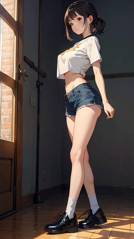 ultra sharp image, beautiful figure, beautiful, full length (full body 1.1.), slender legs, , slender legs, Wasp waist, ,  pose, Mouth open in a smile, sharp teeth, laughing,  yellow eyes, ultra detailed face, Ultra transparent, Chainsaw Man Energy, Two red sharp horns on the head, ultra sharp image, very beautiful, long hair, blonde, beautiful figure, tight clothes, T-shirt with the image of a cat, denim shorts, shoes, Red crosses and circles instead of pupils, Beautiful body,  clothes, Beautiful eyes, very detailed eyes, Very detailed face, Beautiful body, Chereter Design, Very detailed, detailed body, detailed hands, detailed, bright, detailed Face, sharp focus, clap, Artgerm, anime art, bright, detailed Face, Hugh Details, sharp focus, Very downcast face, detailed eyes, Super lovely illustration, best shadow, finely detail, beautiful detail