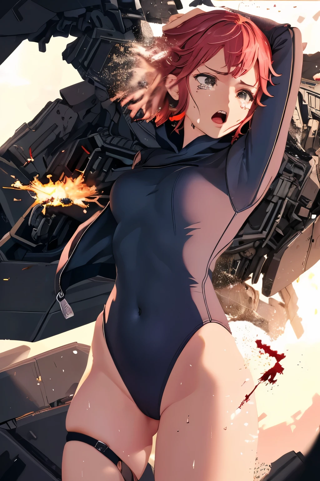 cockpit_explosion, fire, electricity, screaming, explosion, science fiction, wide-eyed, tearing clothes, standing, blood, scared, sweat, crying, mecha, torn clothes, tears, cockpit,1girl、wearing black gymnastics bloomers,high leg,white blouse,cowboy shot,self wedgie,bloomers pull myself,後ろに寄りかかる、体を反らせる、後ろに反らせる、串刺し、体を後ろに反らせる、エビ反り,爆風、衝撃、破壊、吹き飛ぶ、消滅、焼き尽くされる,Natural Killer　Junk　cute　Girl　hoodie　　Wear a hood　sleeping　rifle sniper　odd-eye left eye red right eye blue　red hair shorthair　Laziness、　Highest Quality、live action style、masterpiece、pose to raise legs high、Graceful Posture、Concentrated Expression、Ballet Shoes、Leotard、I put an unknown man's cock in the cowgirl position in tights、Smooth Movement、Softness、muscle tension、Sparkle of Sweat、high detail、sharp focus、contrast、Extremely clear image、artistic pictures、super real、Light and Shadow Effects